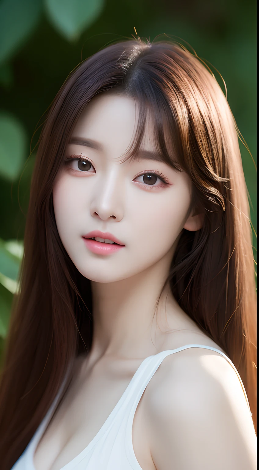 Realistic photos of (1 cute Korean star) hair over one eye, thin makeup, 32 inch breasts size, wearing tank top, sitting in the rose garden, ray tracing, close-up portrait, UHD