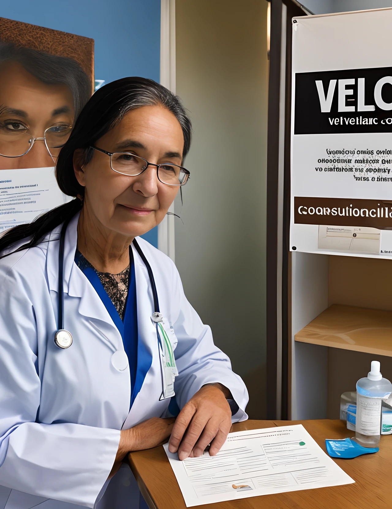 An elderly doctor, with dark skin and brown eyes, wearing medical attire, in a consulting room, with a sign in the background, behind her head, saying Veterinary Clinic