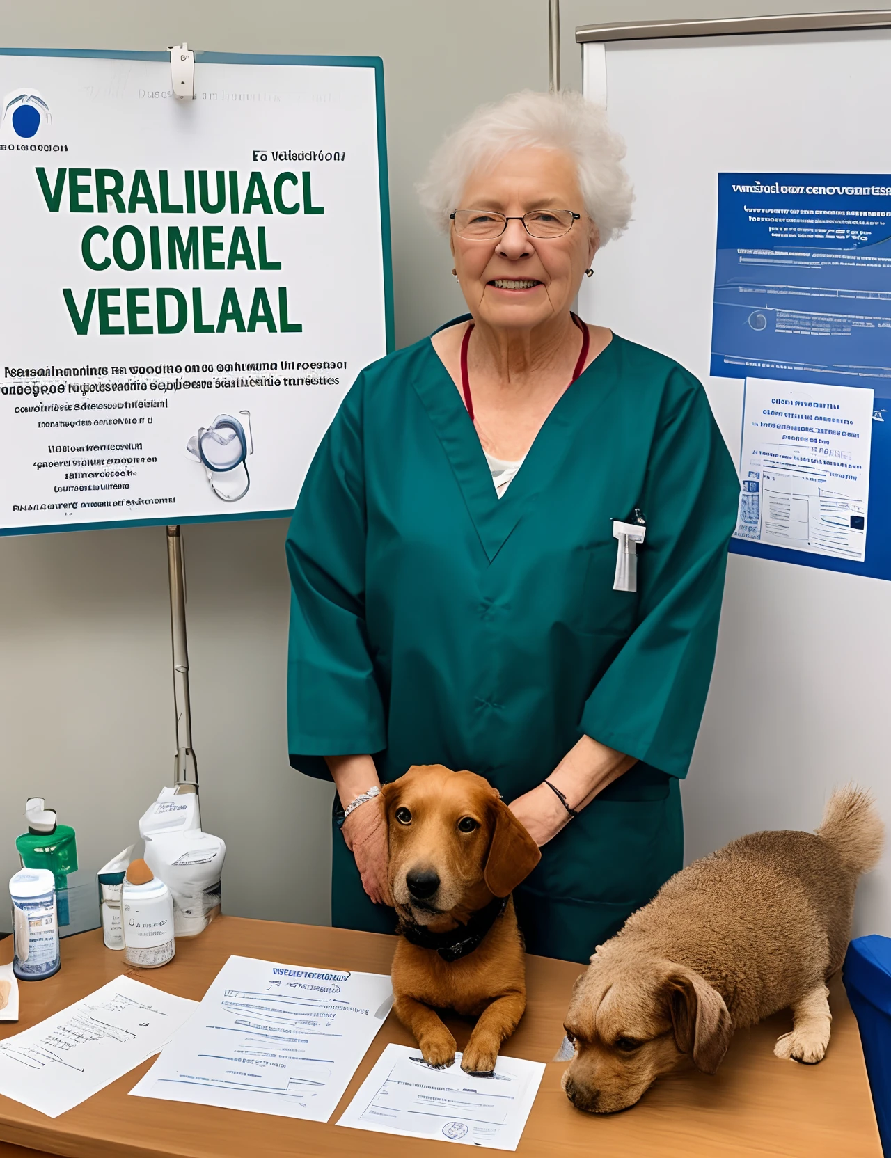 An elderly doctor, with dark skin and brown eyes, wearing medical attire, in a consulting room, with a sign in the background, behind her head, saying Veterinary Clinic