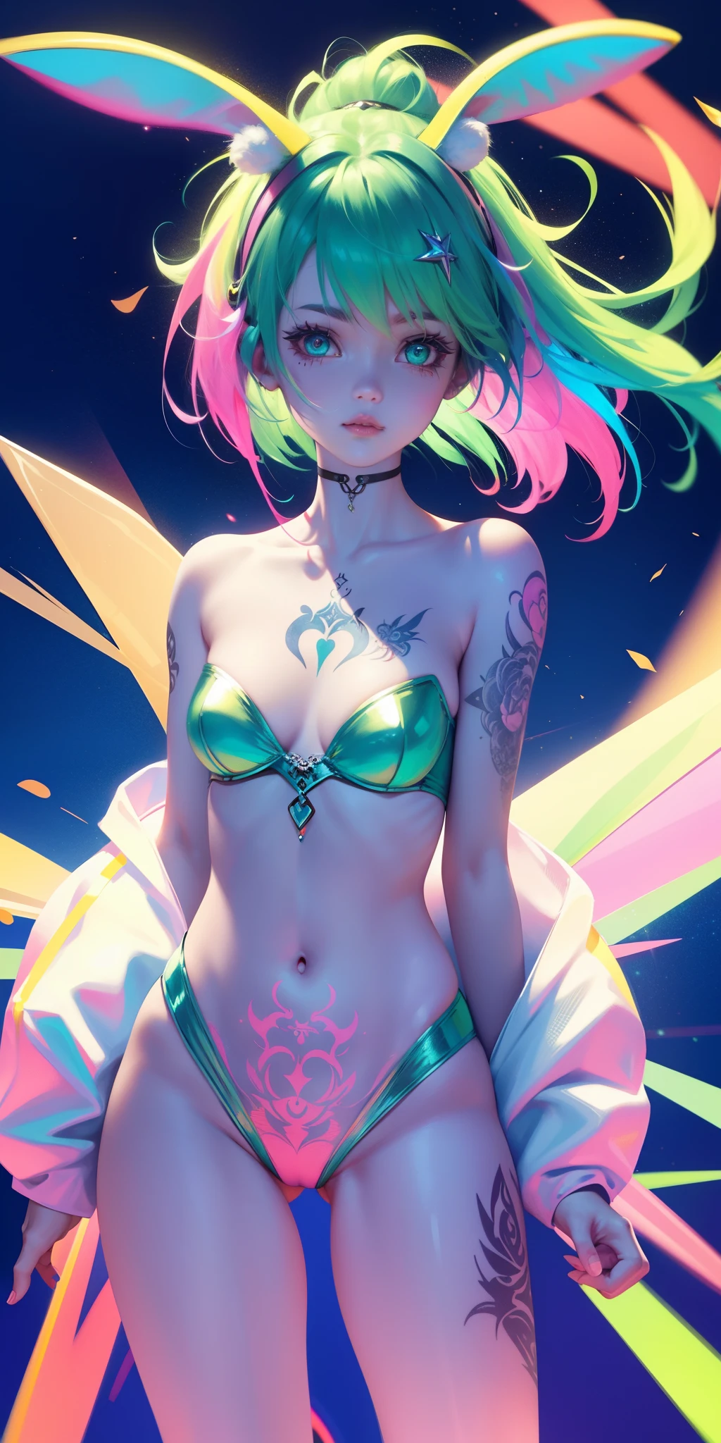 Rabbit technique , sci-fy, Fluffy ,
1girll, Tattoos, Glowing tattoos, Glowing eyes, Colorful glowing hair , (full bodyesbian), Green hair,Open navel
Kavitek, Pastel colors, kawaii, cutecolors,