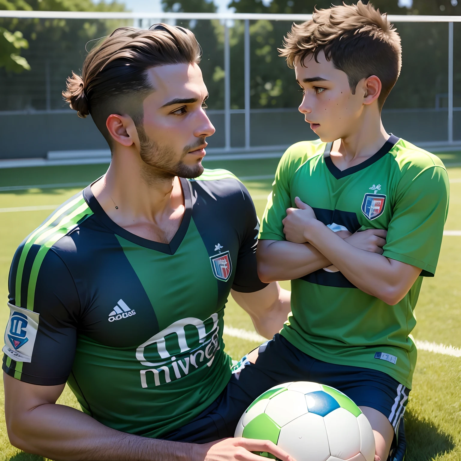 Un homme et son fils qui joue au foot sur un gazon Vert  pendant que sa femme les admires