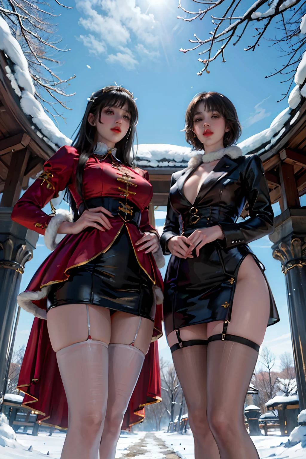 The perspective is from below,(Masterpiece:1.2),(Photorealsitic:1.5),2girls, duo,Silk,Satin,Skirt,winter,Snow,fur,En plein air,Warm spring,