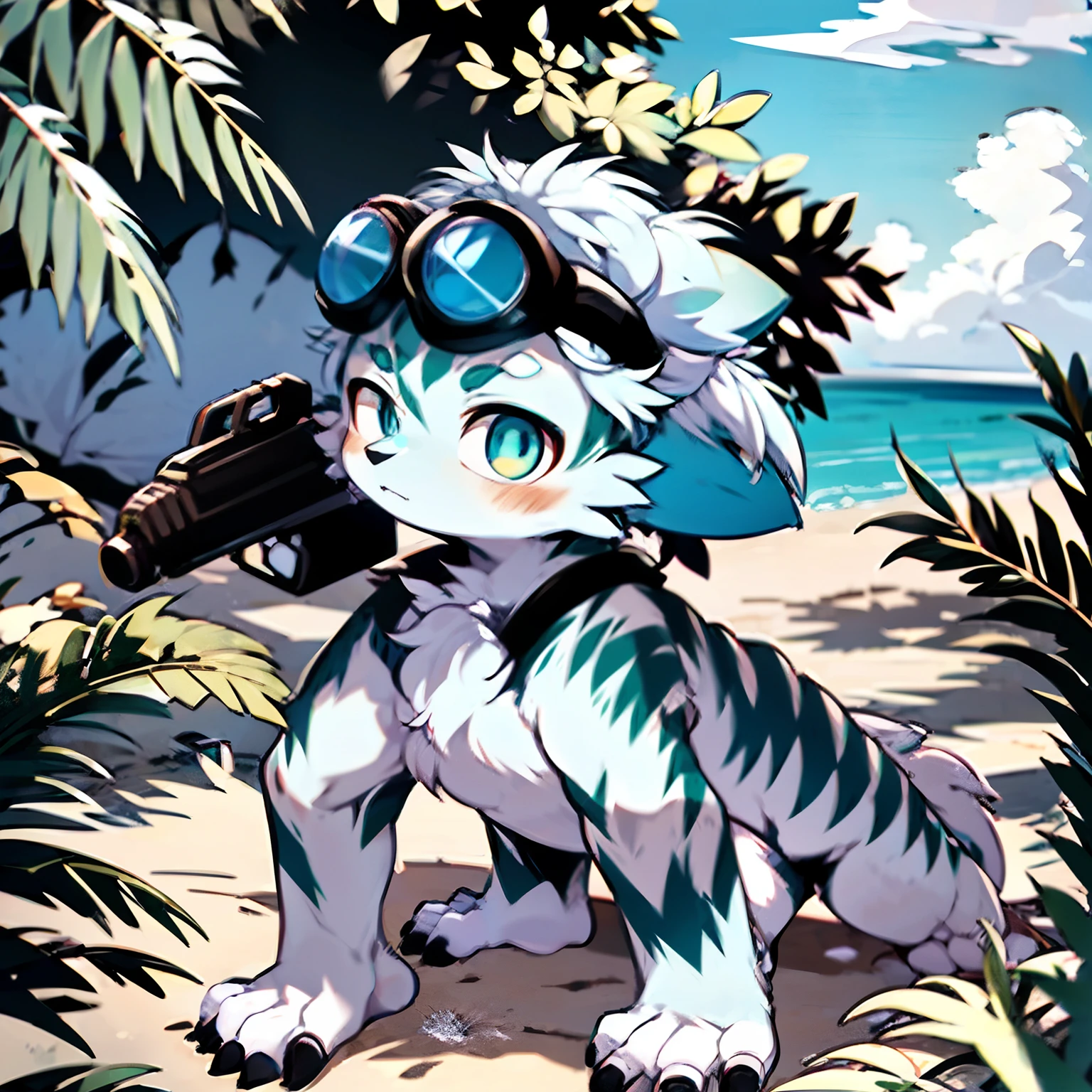 Fluffy light blue wolf，Armed with a water gun，furry，Wear blue diving goggles on your head，There are dark blue tiger stripes on the arms，On the beach