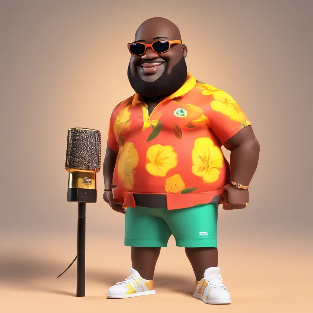 /imagine a fat, bald black man, smooth face, sunglasses, singing samba with a Brazilian tropical t-shirt and microphone in his hand, several different positions and clothes