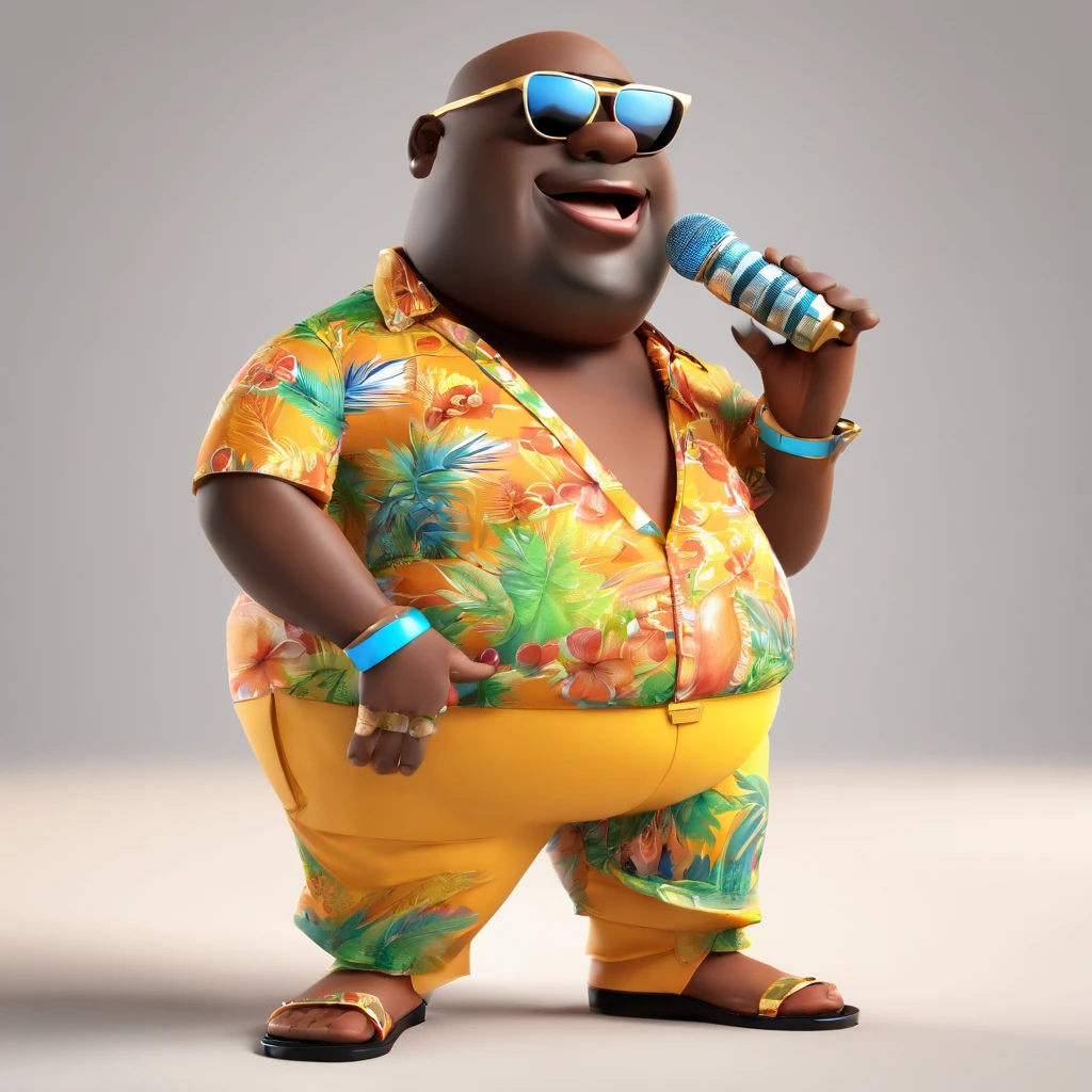 /imagine a fat bald black man, smooth face, sunglasses, singing samba with a tropical Brazilian t-shirt and microphone in his hand