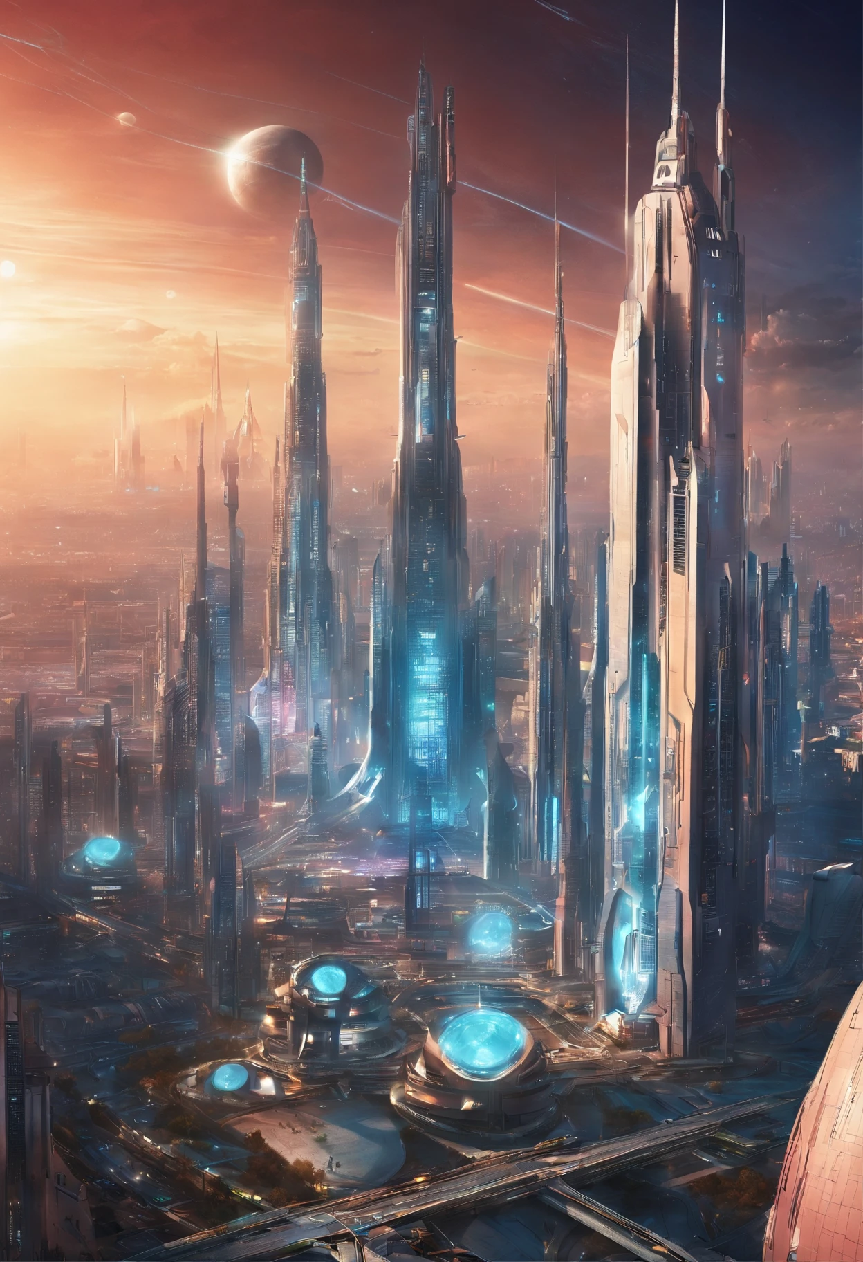 The metropolis of the future, Kilometers of spires rush upwards;.