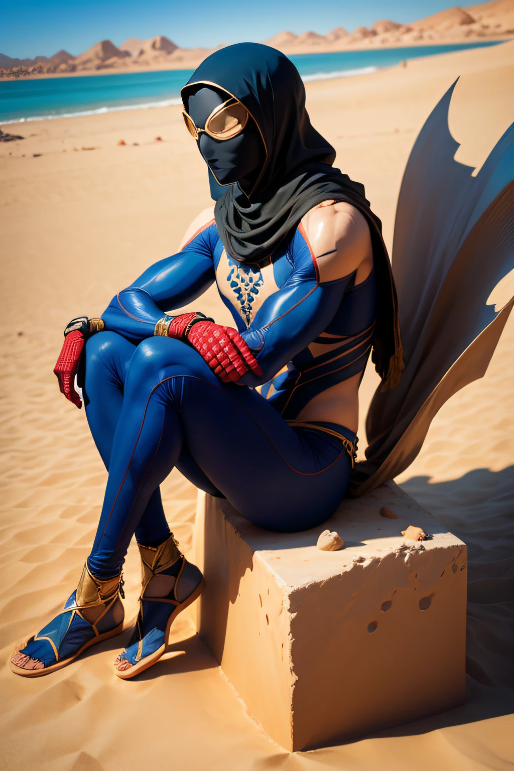 Middle Eastern Spiderman, donning a hijab-themed suit, perched on a sand dune amidst a serene desert oasis, a tranquil pool reflecting the clear blue sky, an atmosphere of contemplation and peace, Sculpture, using clay as the primary material, --ar 9:16 --v 5