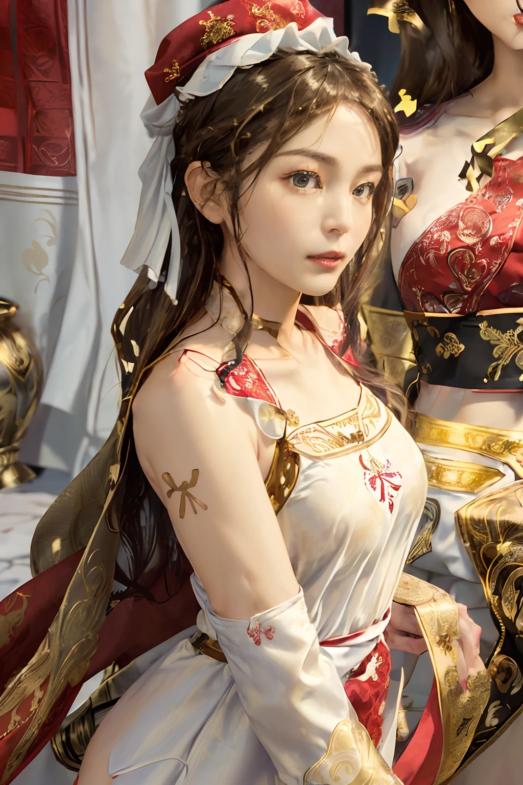 ((top-quality、8K、masterpiece、Photorealistic:1.4、fine-textured、Beautiful and detailed:1.2)), (Long hair, Beautiful hairstyle:1.5), (gold foil, Intricately drawn paisley pattern, Delicate workmanship, (Red and white fabric:1.4), maid dress:1.5)、Clear, Fine-grained skin、Beautiful clear eyes、(cleavage of the breast)、Carefree and natural smile、(Hair disheveled in the wind:1.3)、Beautiful girl with a smile、(thin-waist:1.3)、(Dynamic and provocative poses:1.2)、(Backshots)、(NSFW:1.8)