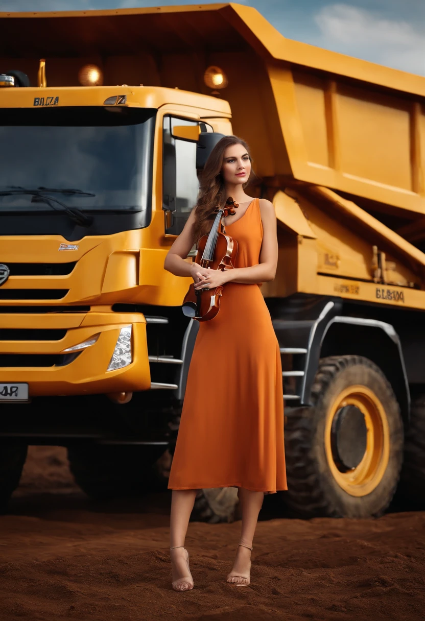BelAZ logo, A girl with a violin in her hands stands in front of a BelAZ dump truck, (Best Quality, 4k, hight resolution, Masterpiece:1.2), Ultra-detailed, (Realistic, Photorealistic:1.37), Vivid colors, sharp-focus, Professional, studio lightning, bokeh, Highly qualified, elegant, graceful, Passionate play, Smooth music, Detailed Face, beautiful detail eyes, beautiful detailed lips, long eyelashes, floting hair, Elegant dress, Intense concentration, Breathtaking, Dynamic Scene, Contrasting colors, Powerful technology, industrial setting, BelAZ plant