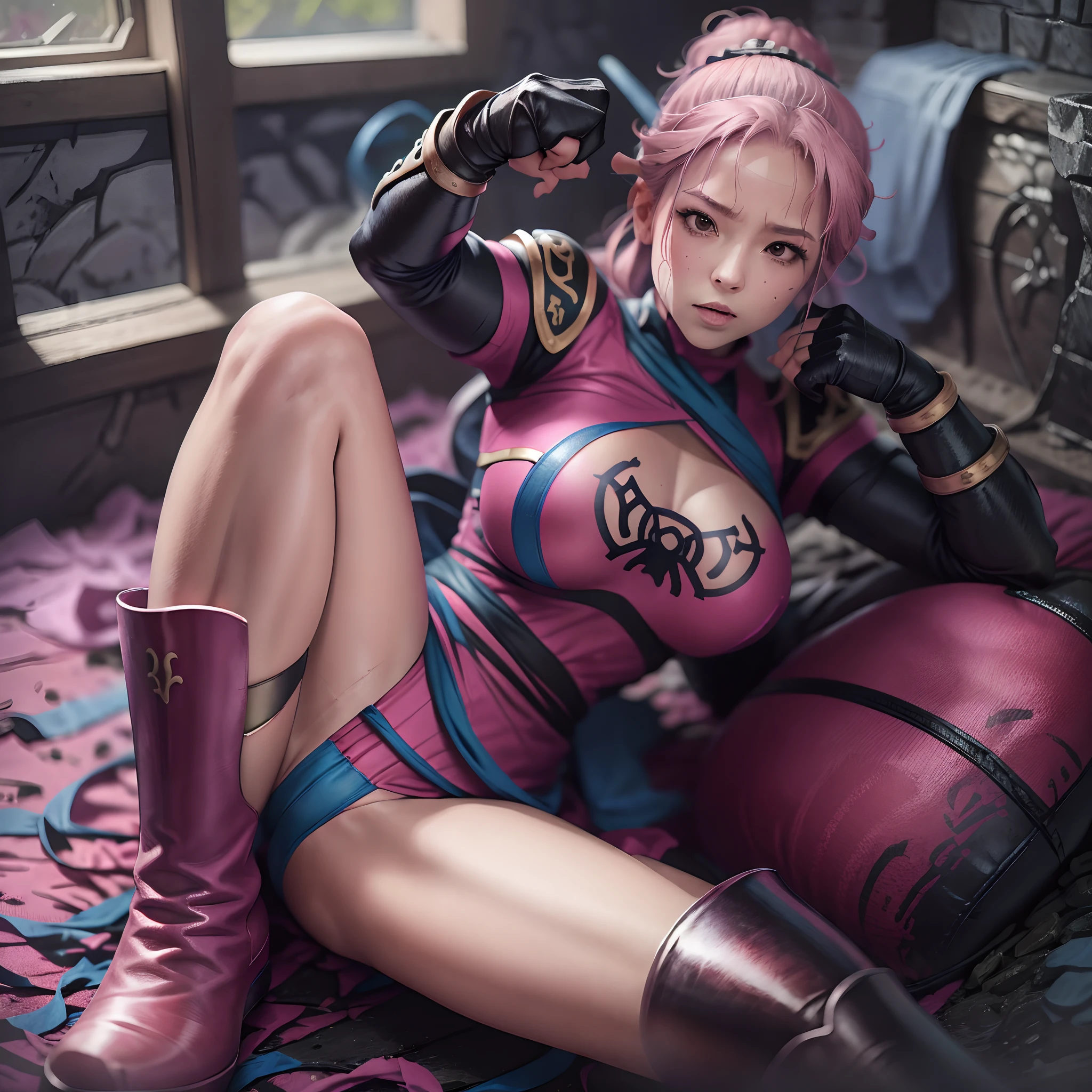 (masutepiece, Best Quality:1.1), hold fists, (Maam, Dragon quest), 1girl in, Solo, (ultra gigantic tits:1.55, Exposed , Pink hair, Fingerless gloves:1.15, Pink gloves:1.3, Pink Martial Arts Uniform:1.3, Exposed , long boots), (lie down and open your legs:1.2, irate, Fight tentacle monsters:1.8, In a stone house:1.25,),