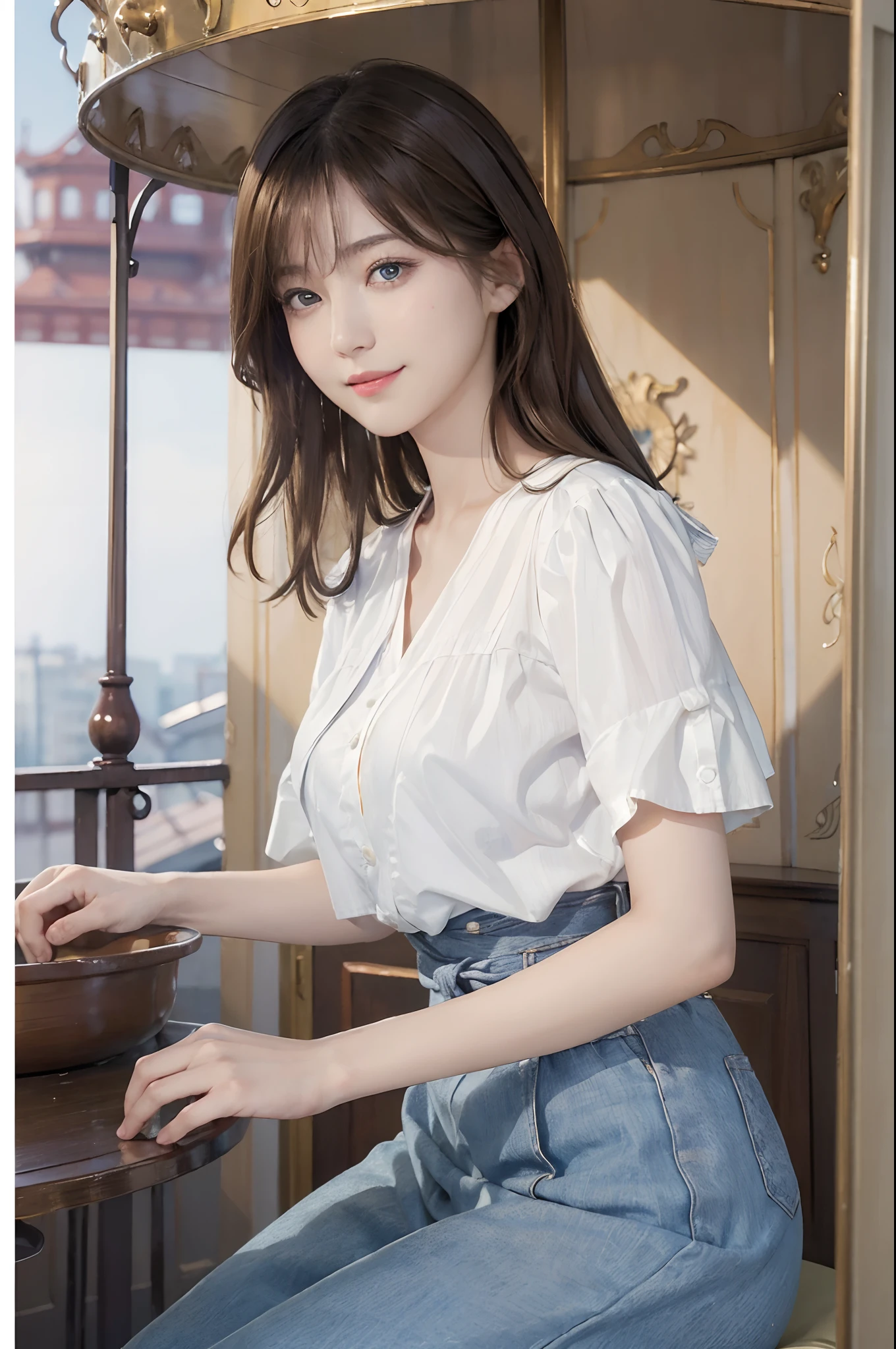((top-quality、masterpiece:1.3))、((Russian beauties))、1 female:2.0、18year old、Colossal tits:1.3、Slender body type:1.1、Toned abs、a blond、short-cut、Detailed lips、detailedeyes、二重まぶた、blue eyess、wide Shots、(Raw photography、top-quality)、(realisitic、Photorealsitic:1.3、day scene:1.5)、top-quality、masterpiece、extremely delicate and beautiful、extremely details CG、 absurderes、A smile、Erotic face、sparklers、omatsuri、skyrocket、Slouched、Nokezoru、Off-shoulder white shirt:1.8、flered skirt、merry-go-round