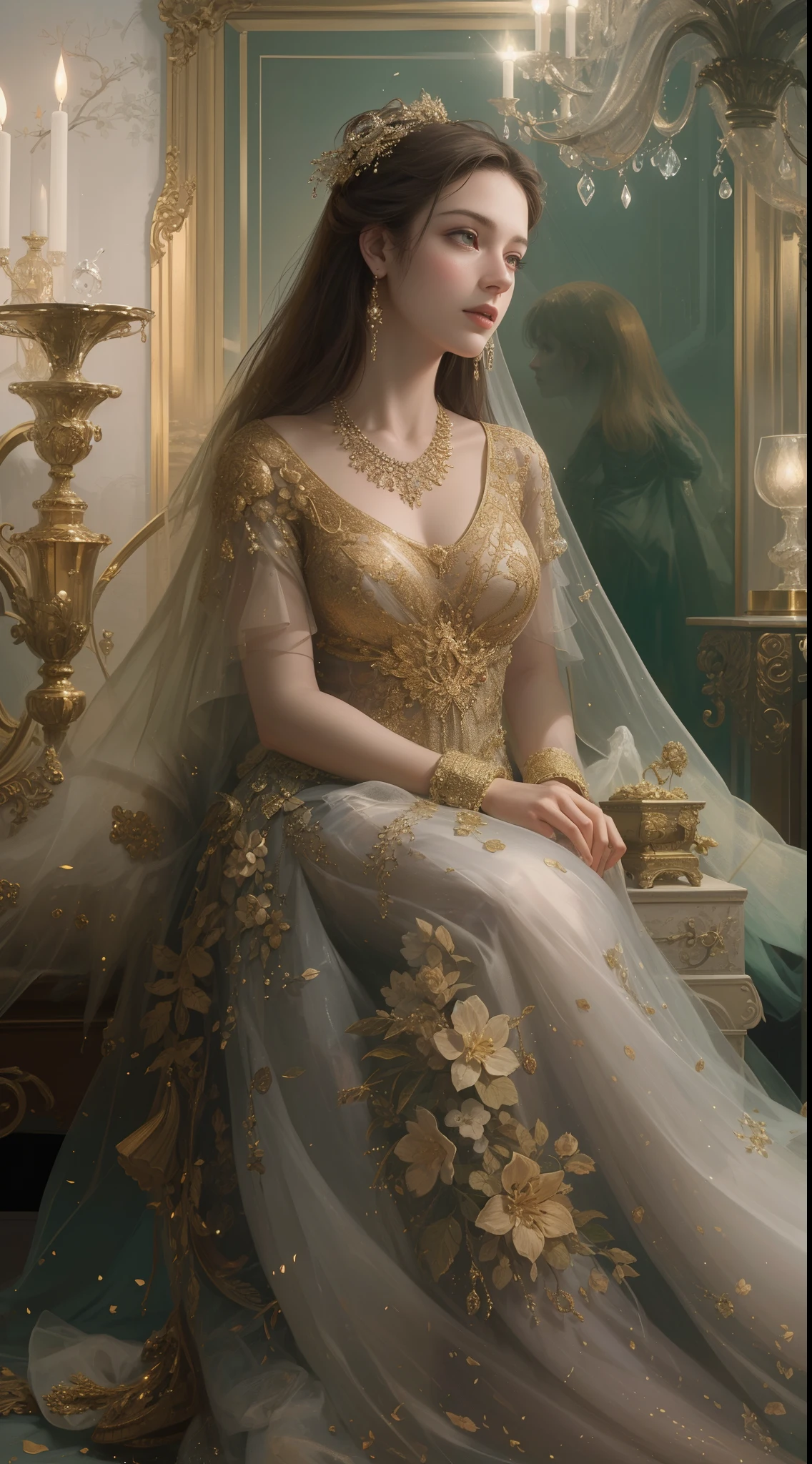 (Best quality,8K,A high resolution,Masterpiece:1.2),Ultra-detailed,(Realistic,Photorealistic,photo-realistic:1.37),Portrait,Creative style artwork,Historical,classical,Sophisticated,plethora of colors,Highly detailed,Soft lighting,luxurious environment,detailed gown,Vibrant flowers,detailed jewellery,Ethereal atmosphere,Elegant Pose,Graceful curves,Gold body proportions，Flowing hair,Breathtaking textile patterns,Harsh purple eyes,Delicate floral decoration,A dazzling array of crystal accessories,Mysterious and dreamy atmosphere,Impeccable attention to detail.