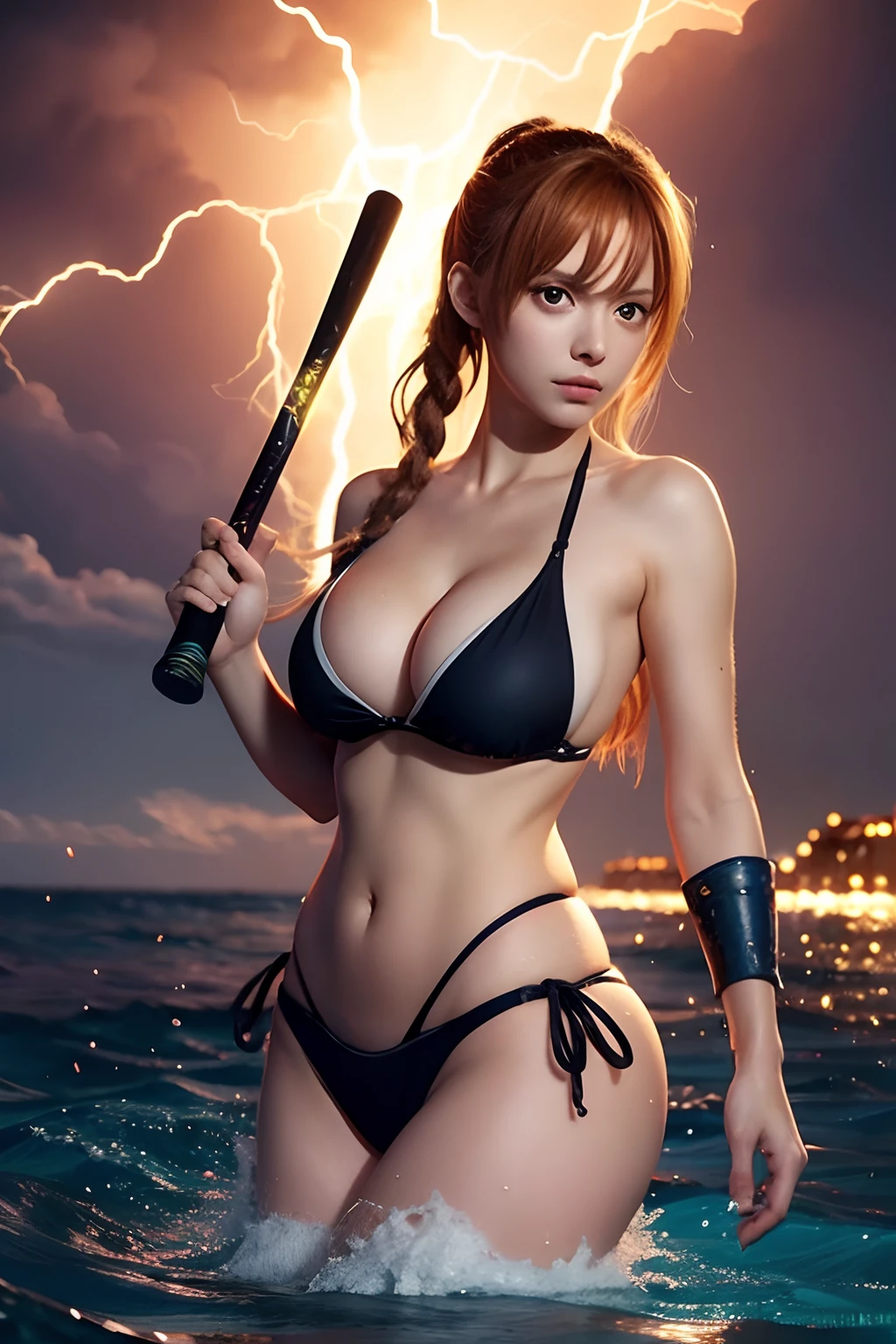 there is a woman in a bikini holding a baseball bat, nami from one piece, nami one piece, deviantart artstation cgscosiety, splashes of lightning behind her, epic digital art illustration, goddess of lightning, epic fantasy digital art style, epic fantasy digital art, 2. 5 d cgi anime fantasy artwork, mermaid cyborg with a laser whip