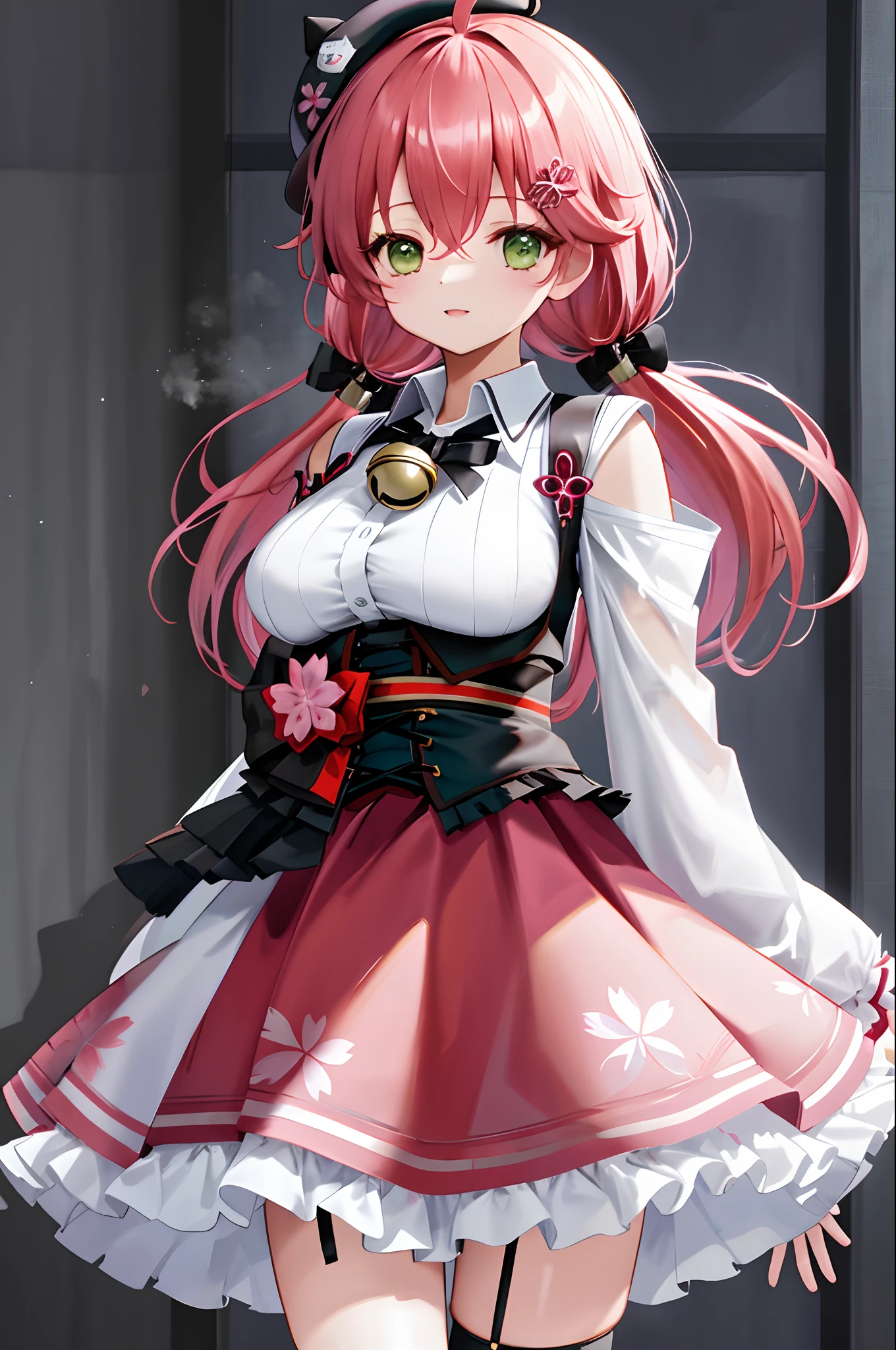 masutepiece, Best_Quality, hight_resolution, miko2,Ponytail, 1girl, Green eyes, Ahoge, black headwear, Hair Ornament, White shirt, black thighhighs, Pink hair, Red_skirt, very_short_skirt, plaid skirts, garter_strap, Collared shirt, hair clips, frilld, Bangs, hair between eye, frills skirt, beret, Pleated skirt, Hair Flower, Neck bell, , puffy long sleeves, Black bow, Underbust, Cowboy Shot,Smile, gigantic_breasts,covered_nipples, covered_pussy,close_eyes, happy, childlike_posing,spread_legs,
