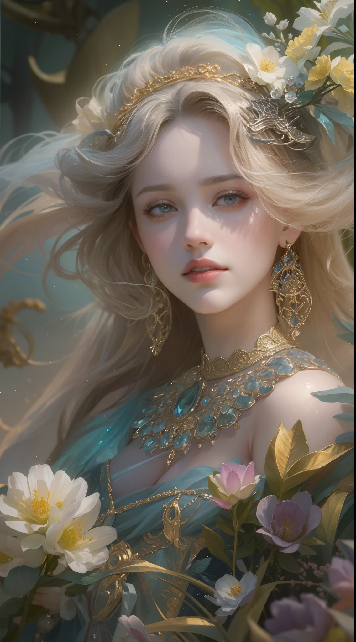 (Best quality,8K,A high resolution,Masterpiece:1.2),Ultra-detailed,(Realistic,Photorealistic,photo-realistic:1.37),Portrait,Creative style artwork,Historical,classical,Sophisticated,plethora of colors,Highly detailed,Soft lighting,luxurious environment,detailed gown,Vibrant flowers,detailed jewellery,Ethereal atmosphere,Elegant Pose,Graceful curves,Gold body proportions,Flowing hair,Breathtaking textile patterns,Harsh purple eyes,Delicate floral decoration,A dazzling array of crystal accessories,Mysterious and dreamy atmosphere,Impeccable attention to detail.