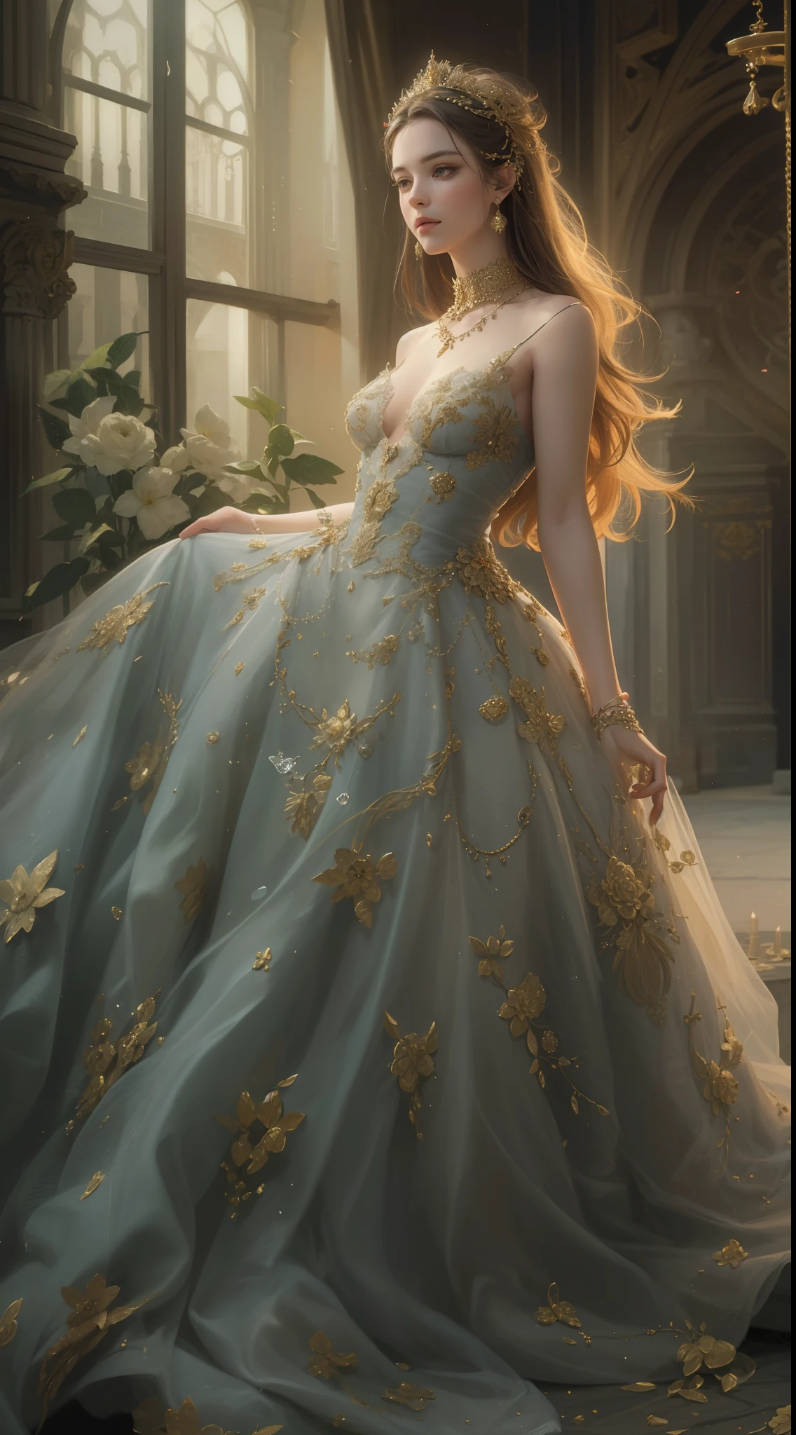 (Best quality,8K,A high resolution,Masterpiece:1.2),Ultra-detailed,(Realistic,Photorealistic,photo-realistic:1.37),Portrait,Creative style artwork,Historical,classical,Sophisticated,plethora of colors,Highly detailed,Soft lighting,luxurious environment,detailed gown,Vibrant flowers,detailed jewellery,Ethereal atmosphere,Elegant Pose,Graceful curves,Gold body proportions，Flowing hair,Breathtaking textile patterns,Harsh purple eyes,Delicate floral decoration,A dazzling array of crystal accessories,Mysterious and dreamy atmosphere,Impeccable attention to detail.