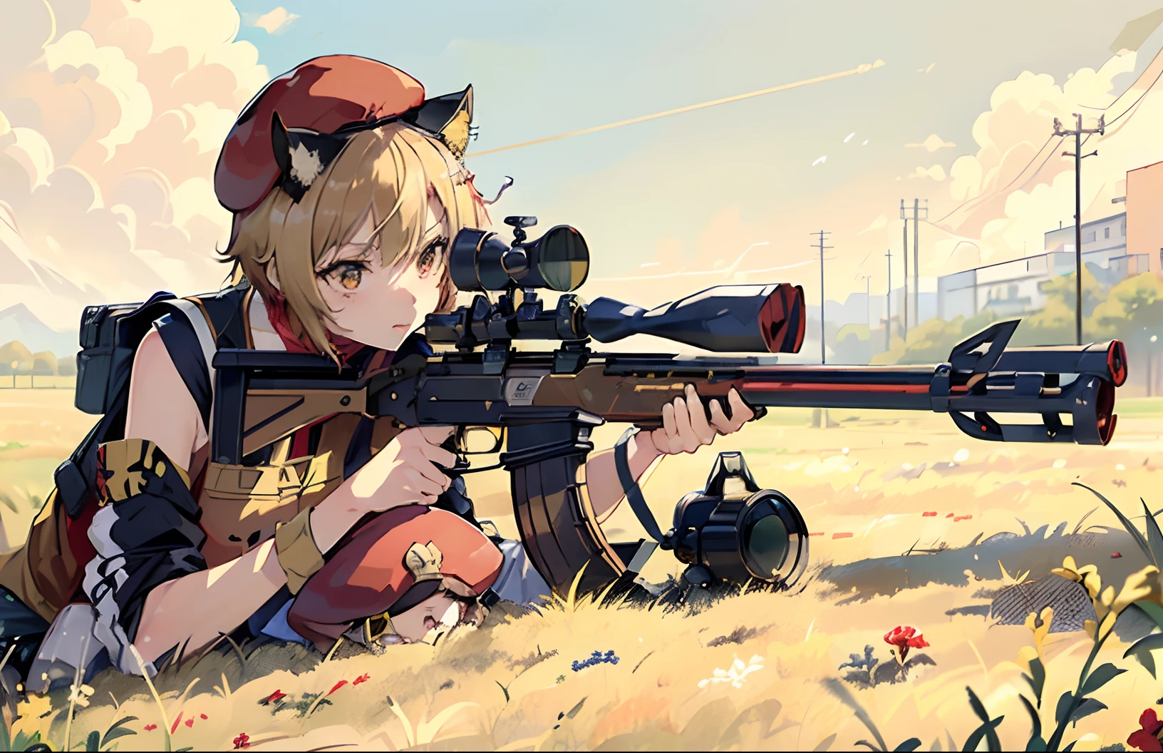 ((Best Quality)), ((masutepiece)), (Highly detailed:1.3), ((Cat's ears)), ((Hold a sniper rifle)), ((Bolt-Action Rifles), (Have cat ears)), ((no sleeves)), ((Baseball Uniforms)), ((Red beret)),hoop earings, (blondehair), ((short-hair)), Woman, girl, zydG