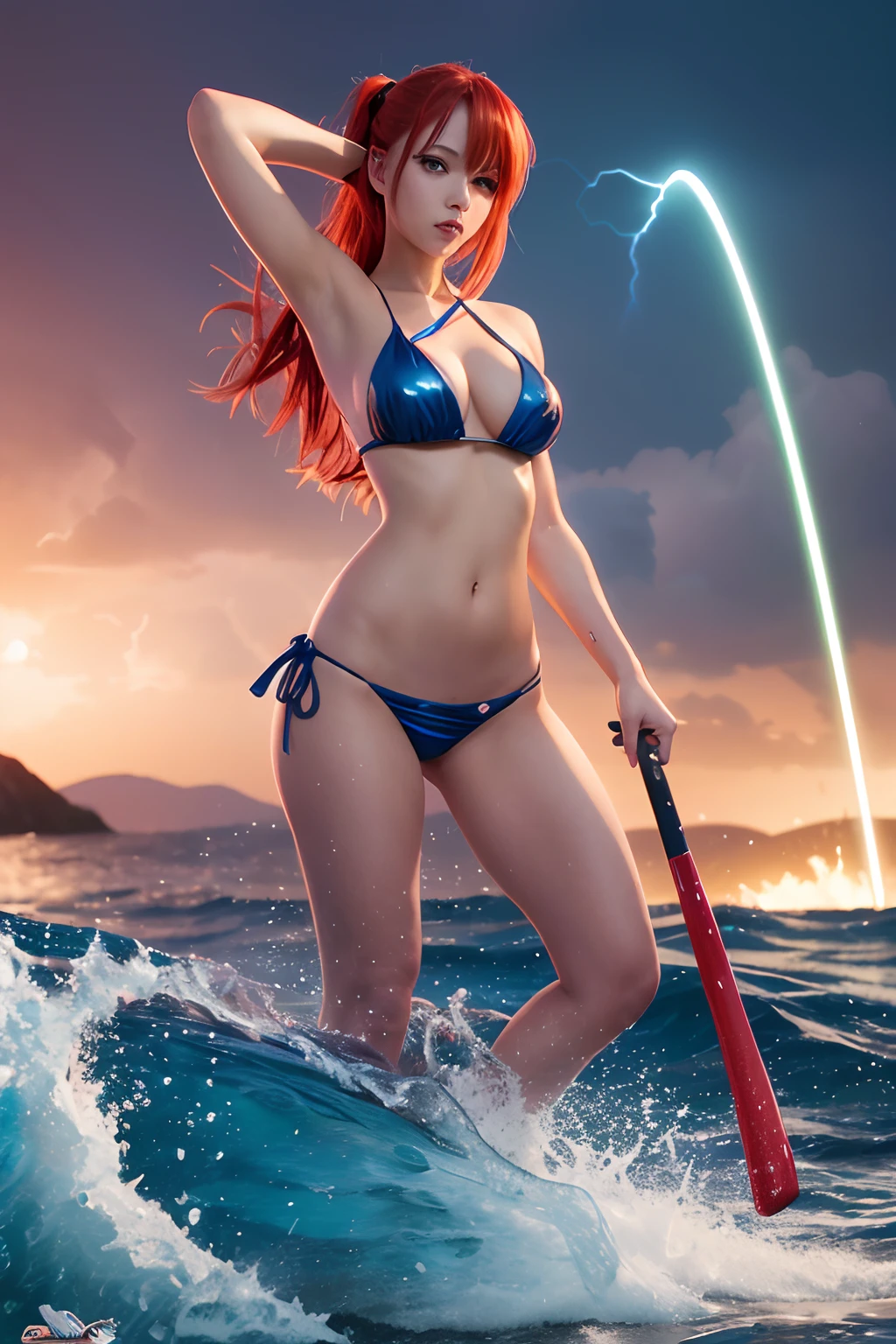 there is a woman in a bikini holding a baseball bat, nami from one piece, nami one piece, deviantart artstation cgscosiety, splashes of lightning behind her, epic digital art illustration, goddess of lightning, epic fantasy digital art style, epic fantasy digital art, 2. 5 d cgi anime fantasy artwork, mermaid cyborg with a laser whip
