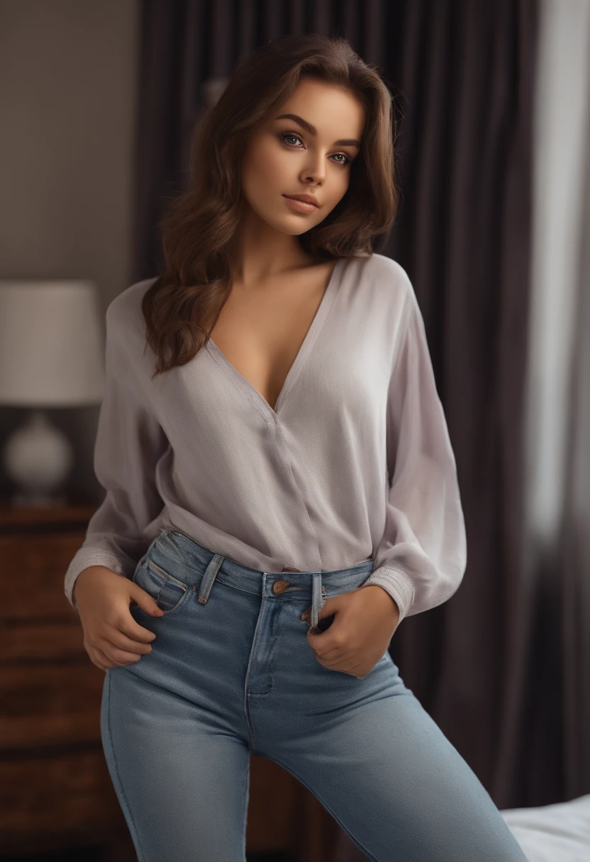 arafed woman fully , sexy girl with brown eyes, ultra realistic, meticulously detailed, portrait sophie mudd, brown hair and large eyes, selfie of a young woman, bedroom eyes, violet myers, without makeup, natural makeup, looking directly at the camera, face with artgram, subtle makeup, stunning full body shot kneeling on bed, in bedroom, medium to large size bust