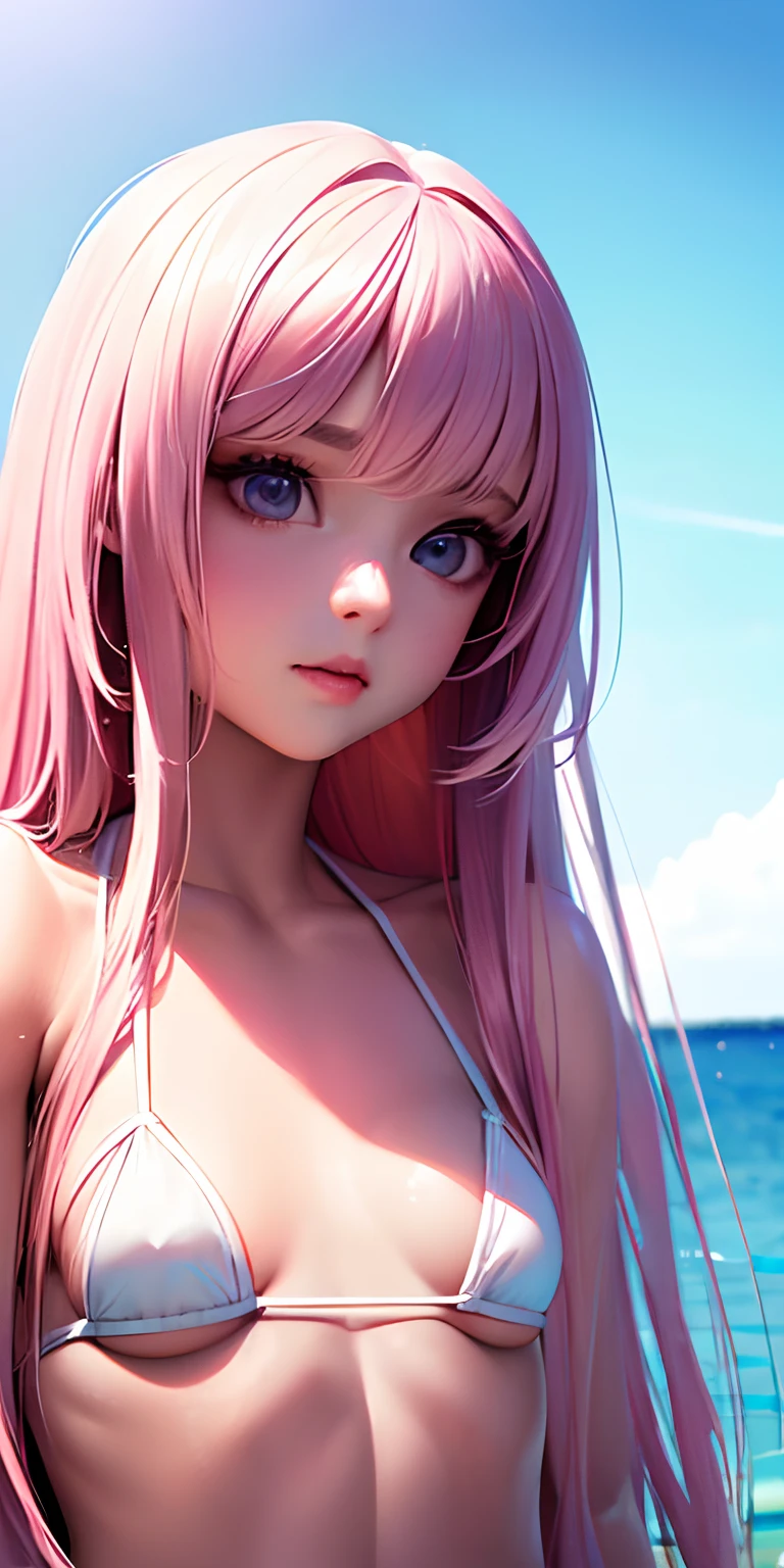 1girl, (white bikini),pink long hair,beach, detailed face, detailed eyes, small breasts, shiny skin, looking at the audience, (8k, RAW photo, best quality, masterpiece: 1.2), (realistic, realistic: 1.37), ultra-high resolution