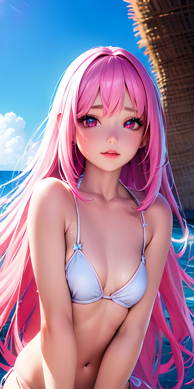 1girl, (white bikini),pink long hair,beach, detailed face, detailed eyes, small breasts, shiny skin, looking at the audience, (8k, RAW photo, best quality, masterpiece: 1.2), (realistic, realistic: 1.37), ultra-high resolution