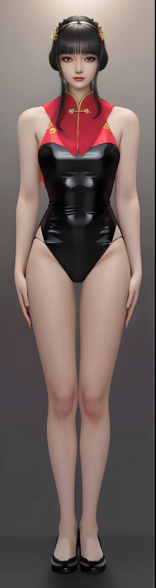 A tall and beautiful Chinese girl,with fair skin,Long hair with a shawl,Qi bangs,Wear pleated miniskirts and heels,Stand up straight,Stand upright,Symmetrical distribution,Ray traching,Frontal light source