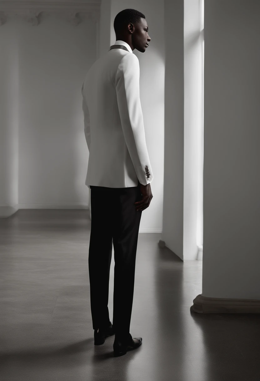 Man in white shirt and black pants standing in a room, tailored clothing, Grey trousers and black dress shoes, Attrait masculin haute couture, tenue vestimentaire, Thin man with black skin, chauve, Pretty male, Proportions masculines, Beautiful and elegant, Pantalon de costume noir, male model, Model installation, with a business suit on, Belle et attrayante