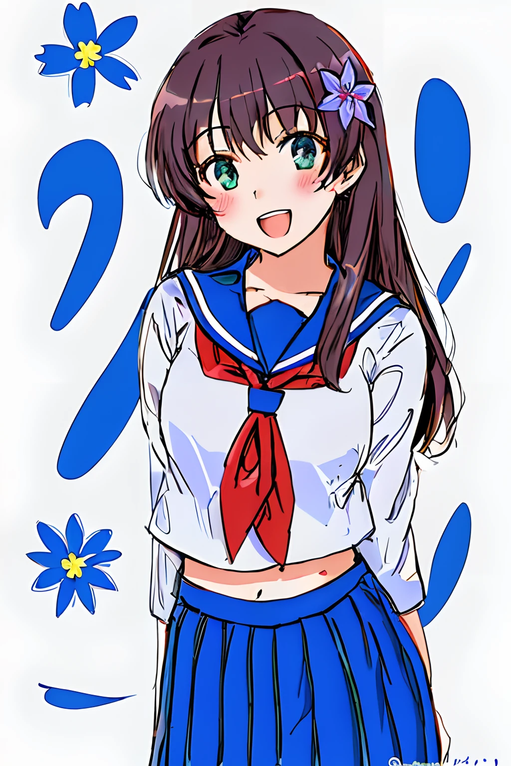 masterpiece, (bestquality), highlydetailed, ultra-detailed, blue sailor collar, blue serafuku, blue skirt, breasts, brown hair, cowboy shot, flower, green eyes, hair flower, hair ornament, long hair, long sleeves, looking at viewer, midriff peek, neckerchief, open mouth, pleated skirt, red neckerchief, sailor collar, saten ruiko, school uniform, serafuku, simple background, skirt, smile, solo, teeth, twitter username, white background