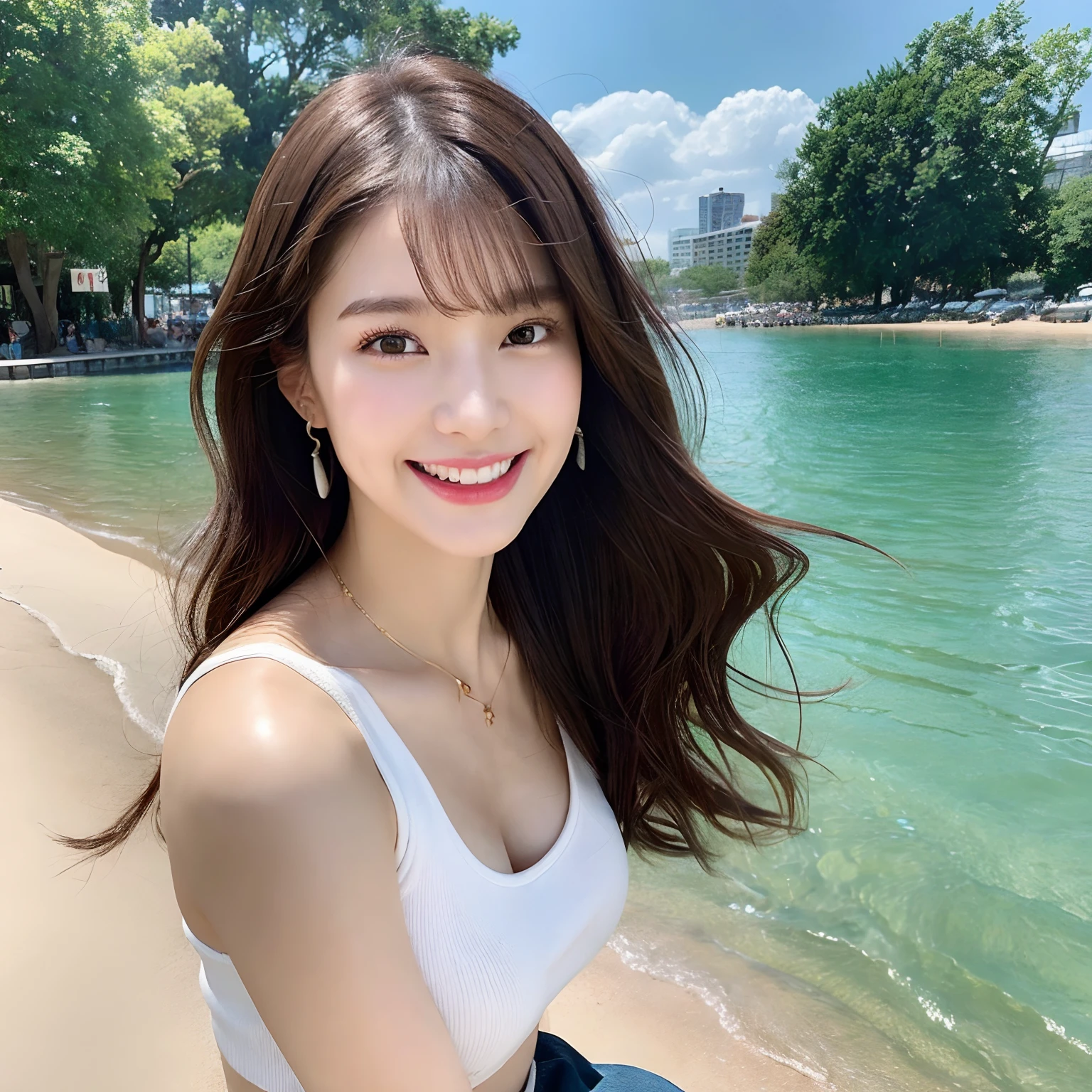 quality)), ((ultra high res,4K)),(realistic:1.4), RAW photo, portrait photography, shiny skin, masterpiece,
slender face,
great joy, cheerful, laughing,
(action),
from above,from side,outdoor,sea,daytime,beach,
tube top,
denim skirt,
full body,
brown hair,
medium breasts,
public park,
earrings, neckless,
sharp focus,
28-years-old,
Height 165cm,