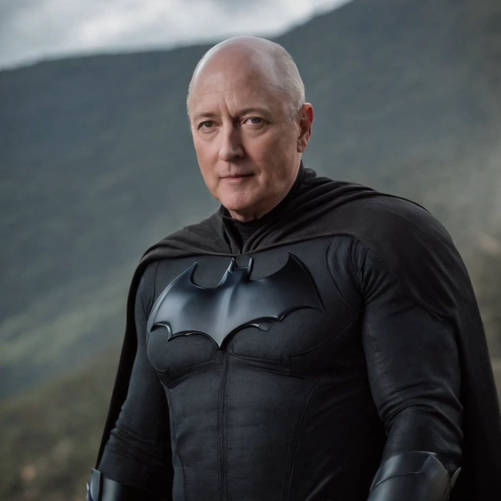 James Spader face, 63-year-old,2022, Oldman, bald, without hair, smiling face, muscle, wear a batman costume Take off your mask, (Full-body image.)