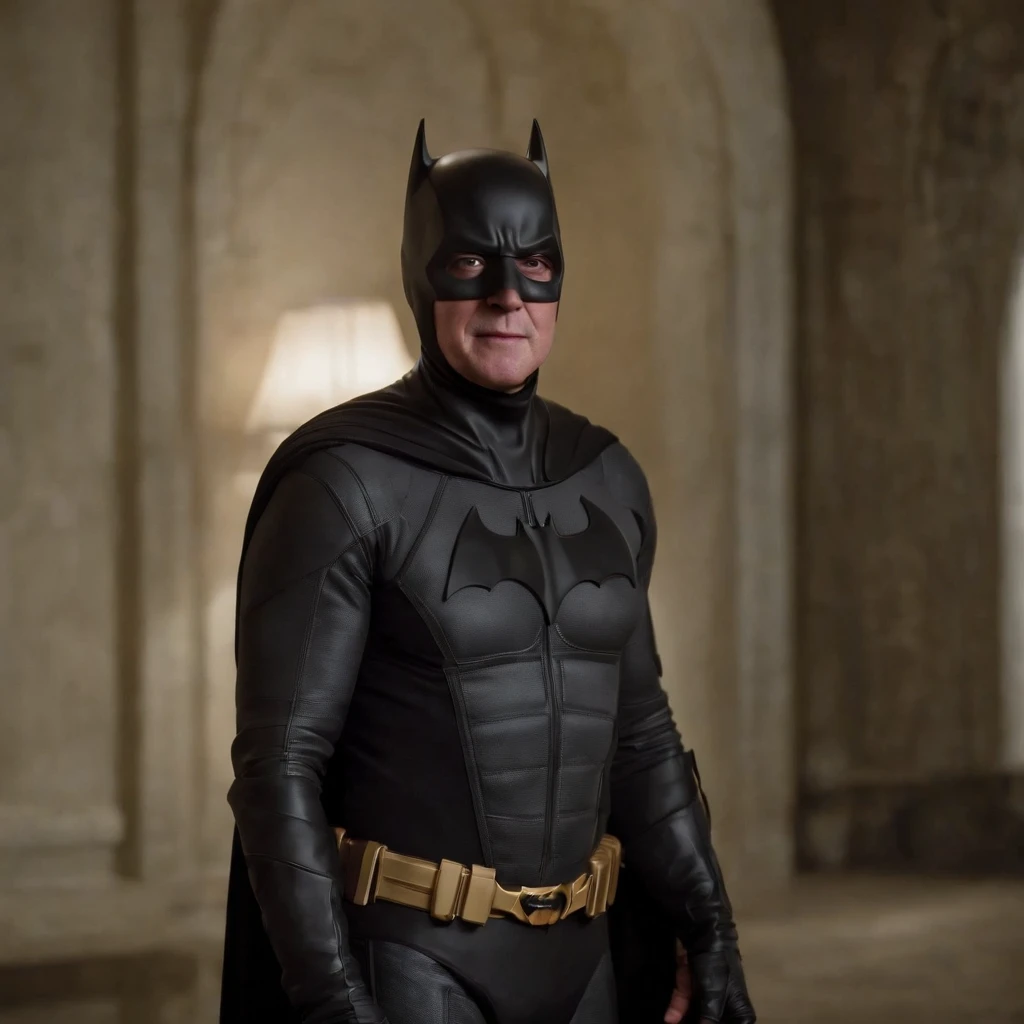 James Spader face, 63-year-old,2022, Oldman, bald, without hair, smiling face, muscle, wear a batman costume Take off your mask, (Full-body image.)