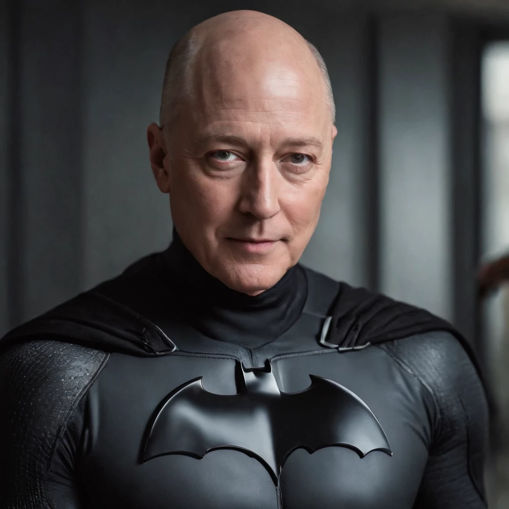 James Spader face, 63-year-old,2022, Oldman, bald, without hair, smiling face, muscle, wear a batman costume Take off your mask, (Full-body image.)