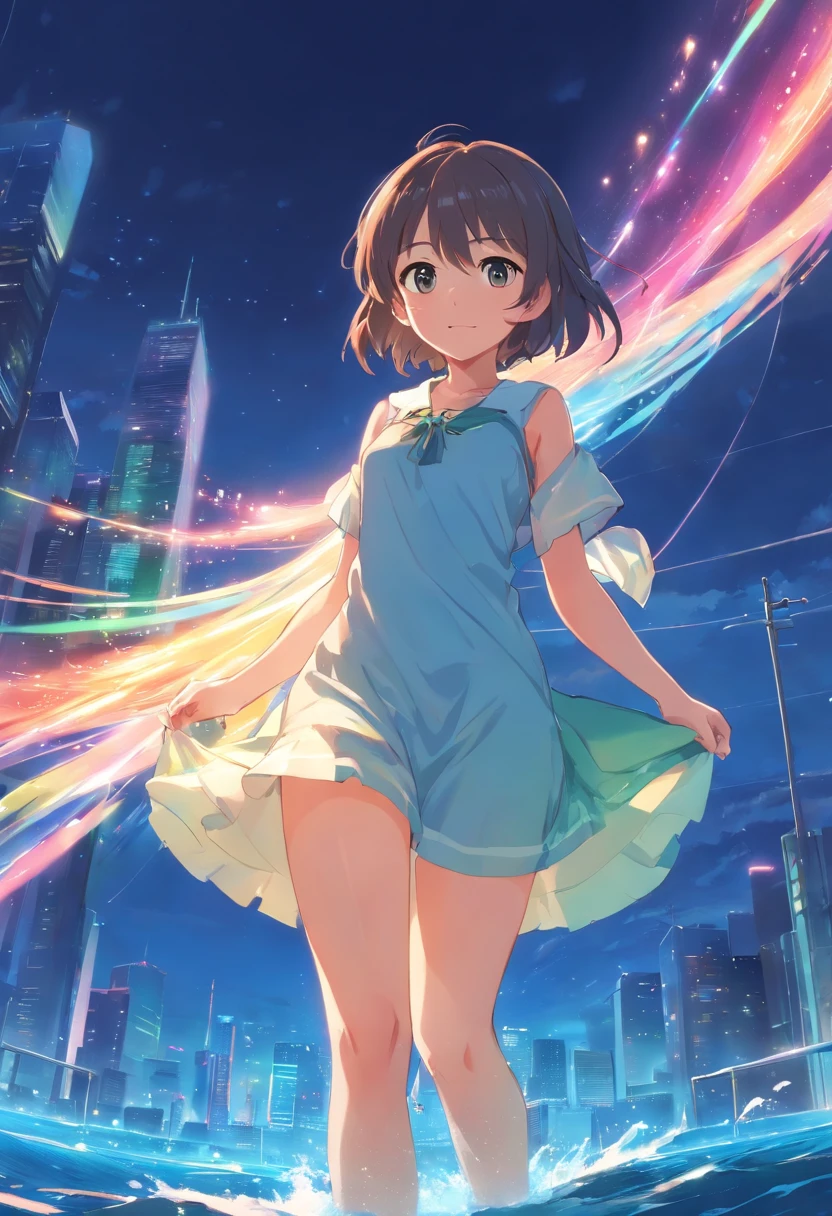 extremely detailed CG unity 16k wallpaper:1.1), (Denoising strength: 1.45), (tmasterpiece:1.37), watercolor, extremely detailed, 1girl, full body, beautiful detailed eyes, cute anime face, full body, beautiful detailed face, (Botanical illustration:1.5), white dress, god rays, sparkle, glowing light, masterpiece, best quality, big boobs, glitchy, computer, dynamic pose, cyber, black hair, harajuku charms, harajuku style, purple eyes, plaster on nose, (((rainbow))), huge boobs, adult, mature