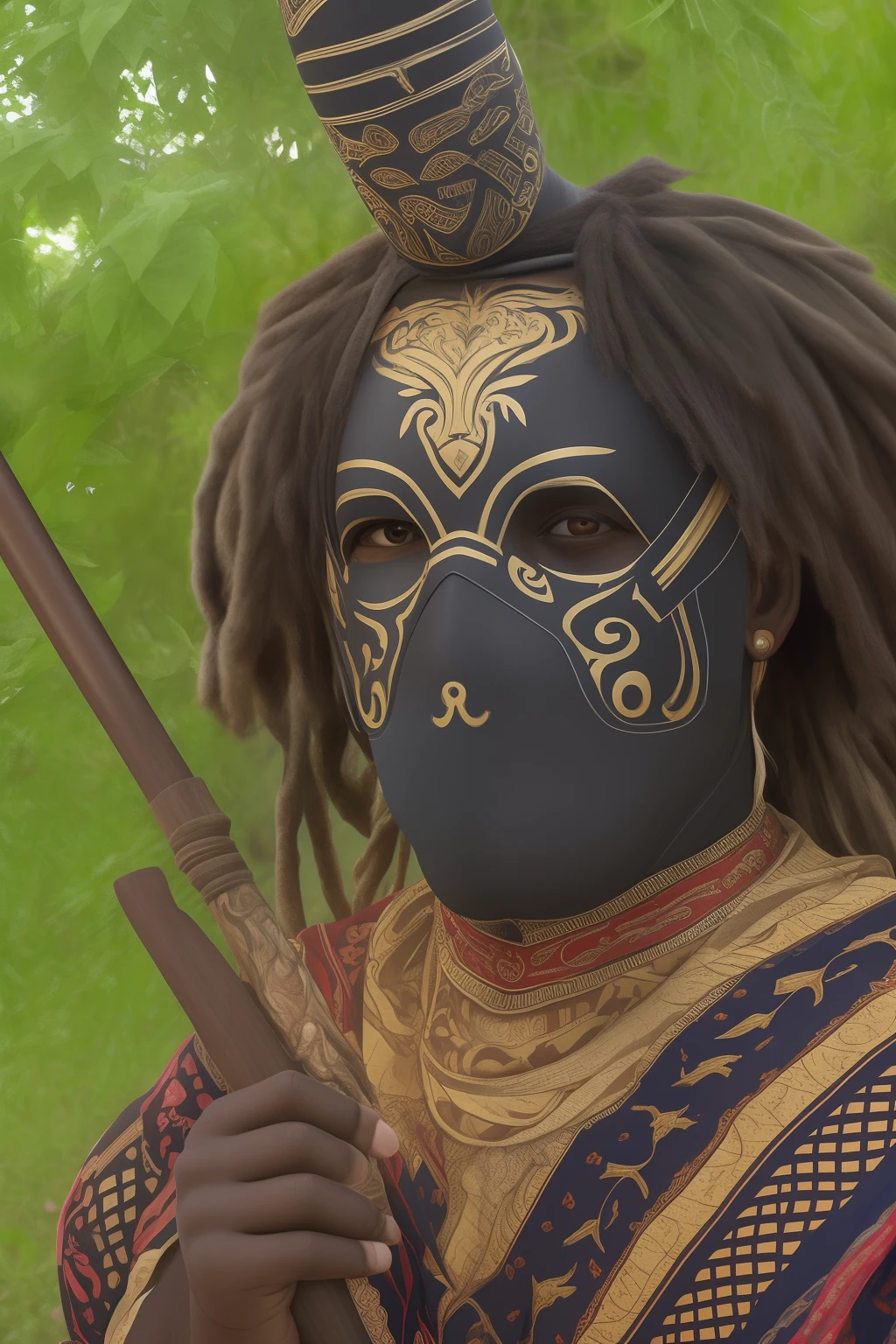 African male personagen in dark traditional dress with a wizard's staff and wearing a black sanitary mask --auto --s2