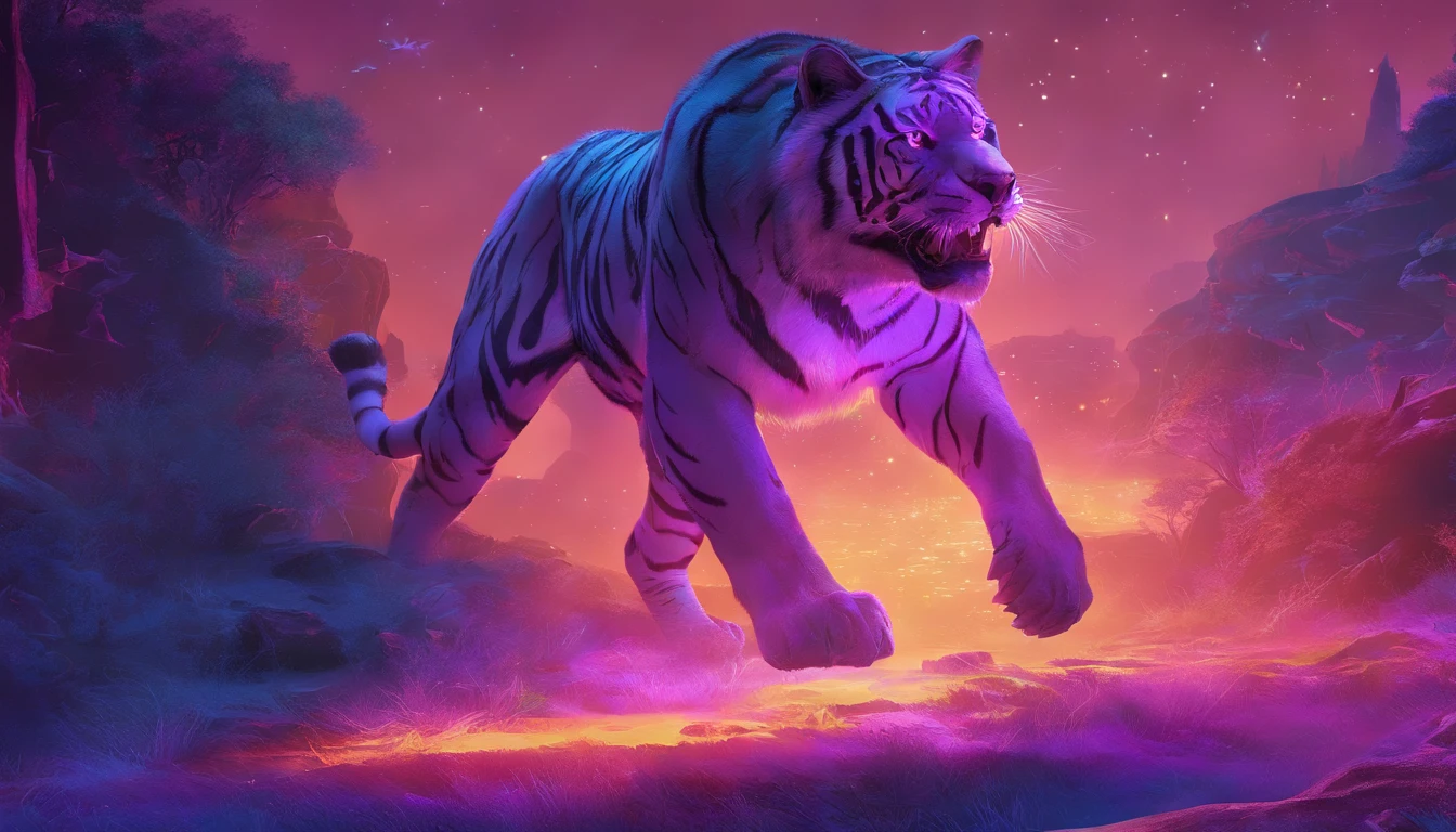 Fantasy World Saber-toothed Tiger，Emits blue-violet light，Glow effects，the night，中景 the scene is，Full body like， highly detailed surreal vfx，oc rendered，Shoot with 70 mm - AR