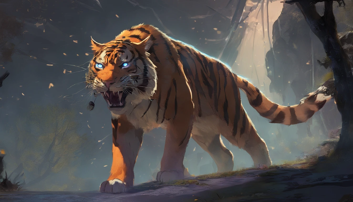 Fantasy World Saber-toothed Tiger，Emits blue-violet light，Glow effects，the night，中景 the scene is，Full body like， highly detailed surreal vfx，oc rendered，Shoot with 70 mm - AR