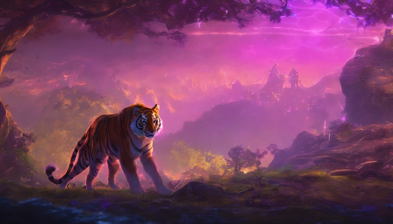 Fantasy World Saber-toothed Tiger,Emits blue-violet light,Glow effects,the night,中景 the scene is,Full body like, highly detailed surreal vfx,oc rendered,Shoot with 70 mm - AR
