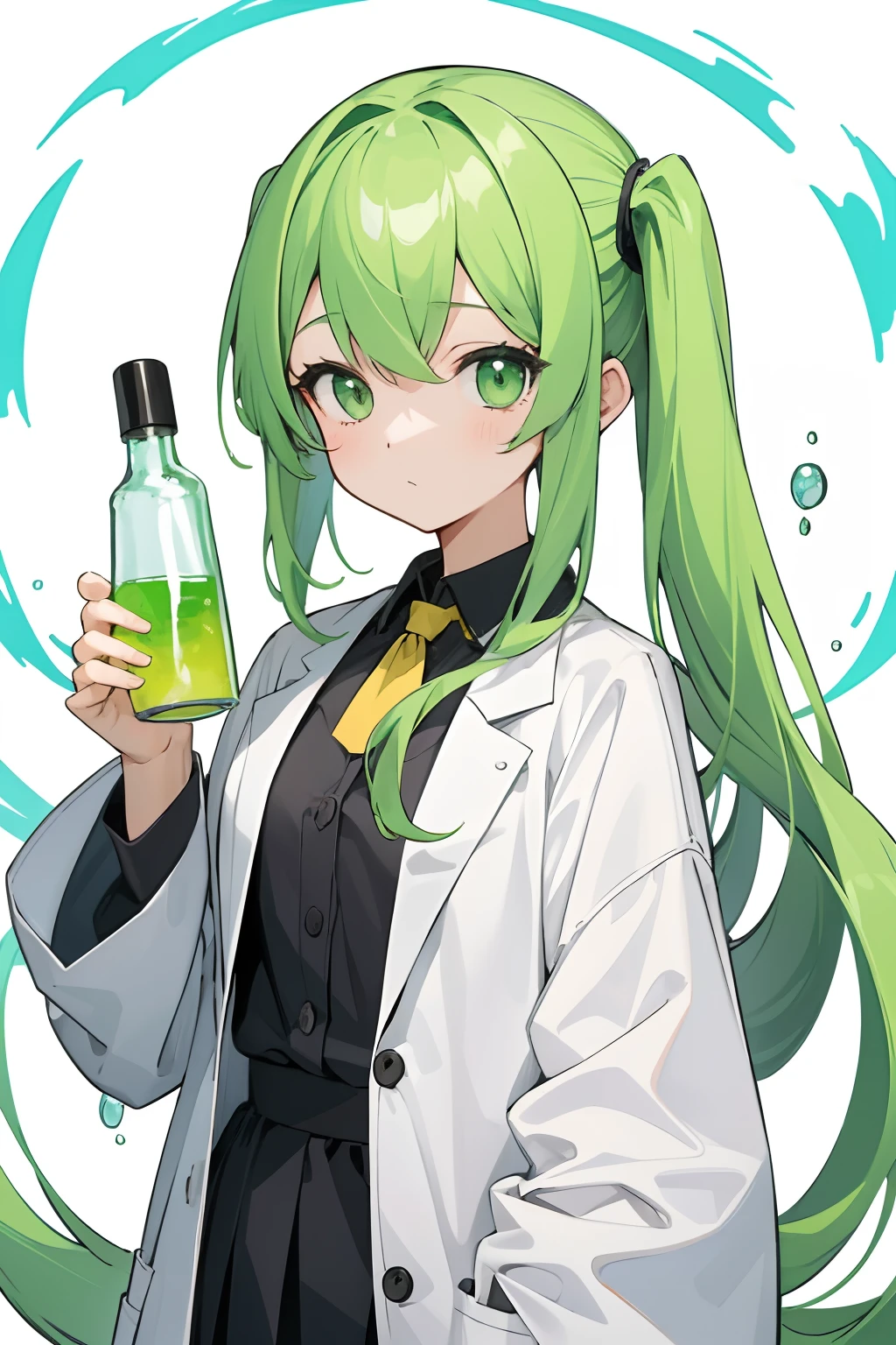 (Top quality illustrations:1.2)、(girl with:1.0)、(独奏:1.0)、(Black tight-fitting clothes under lab coat:1.0)、(Parting the middle bangs:0.3)、(The upper part of the body:1.0)、(ultra-detailliert) 、hight resolution、(8K:1.0) 、Dark green eyes、small white eyes、beautidful eyes、Yellow-green hair、One ponytail、explosions、White smoke、The best smile、enjoyably、flask、Background white、Colorful liquid overflows from the flask、Partial green color、World of chemistry、experiment、Chemistry Girl、masterpiece、Top image quality、top-quality、Details of face、A detailed eye、Straight face、looking at the viewers