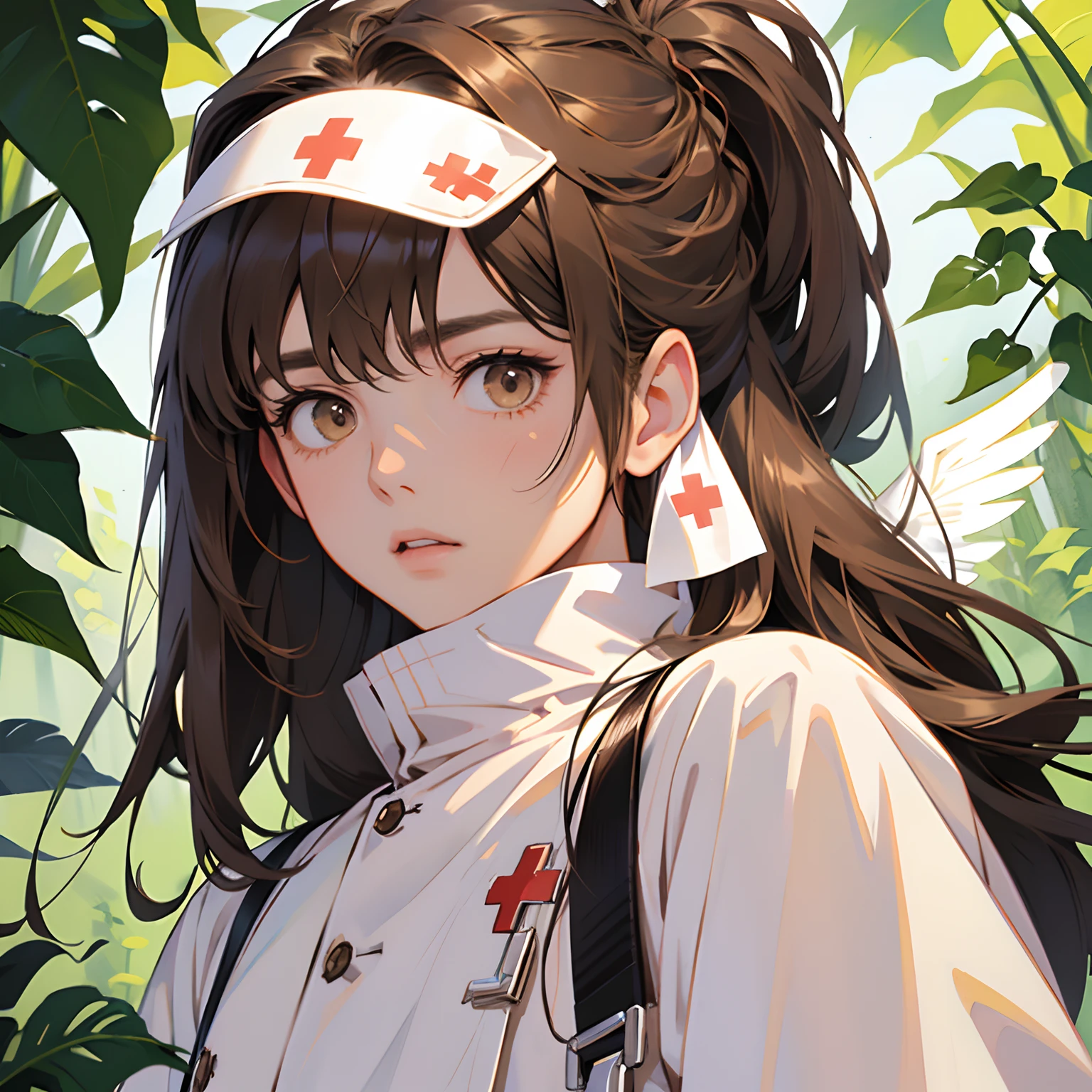 Male one、Nurse、Angel in White、long、Hair on the shoulders、Brown hair、Brown eyes、White mask、Gentle face、neuter、kawaii faces、Man's daughter