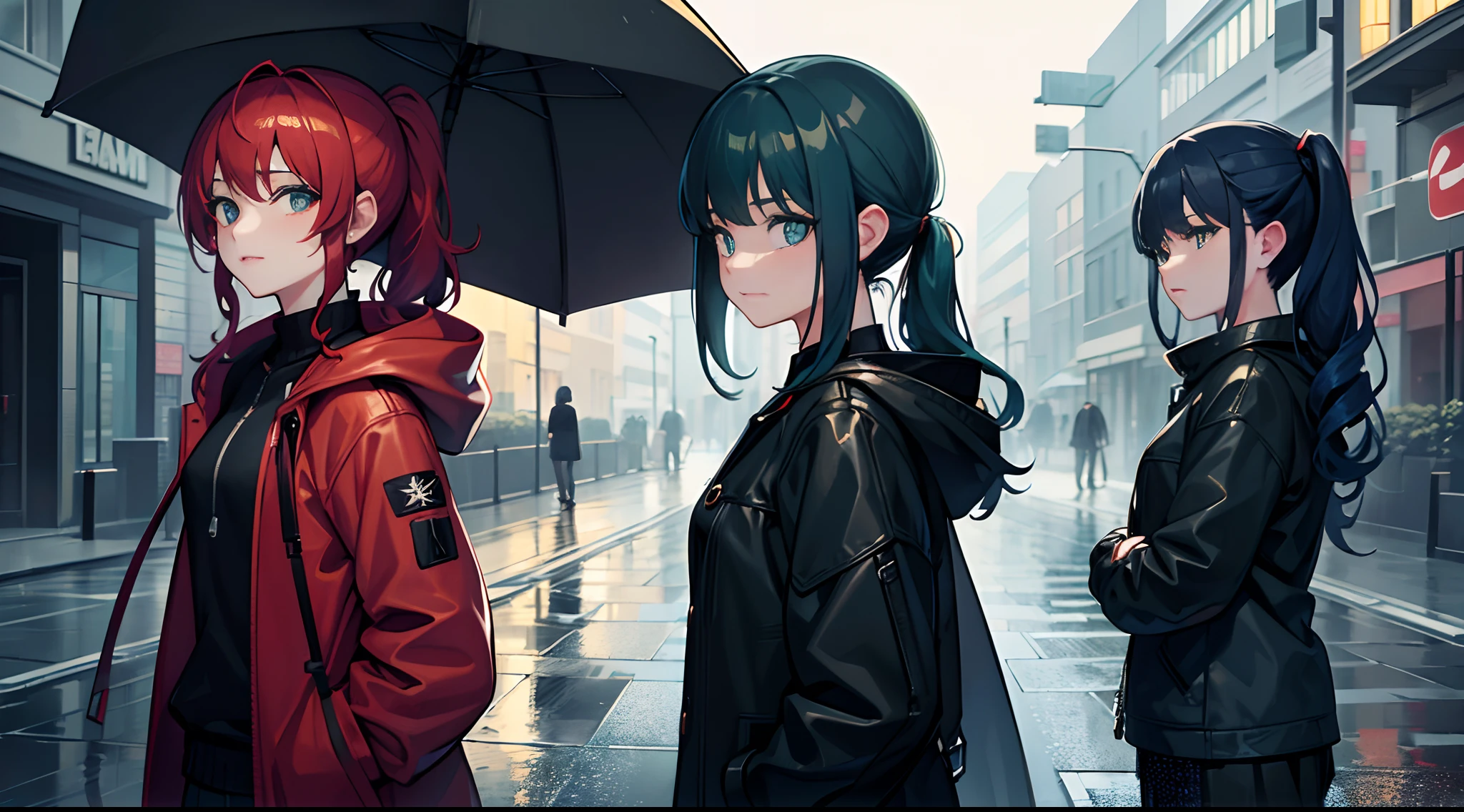 masterpiece, lots of detail, 4k, 8k, ((ultra-detailed)), highres, soft lighting, 2girls, outerwear, rainy street, autumn, dynamic pose, {red hair|green hair|black hair|blue hair}, {ponytail|short hair|long hair|curly hair}