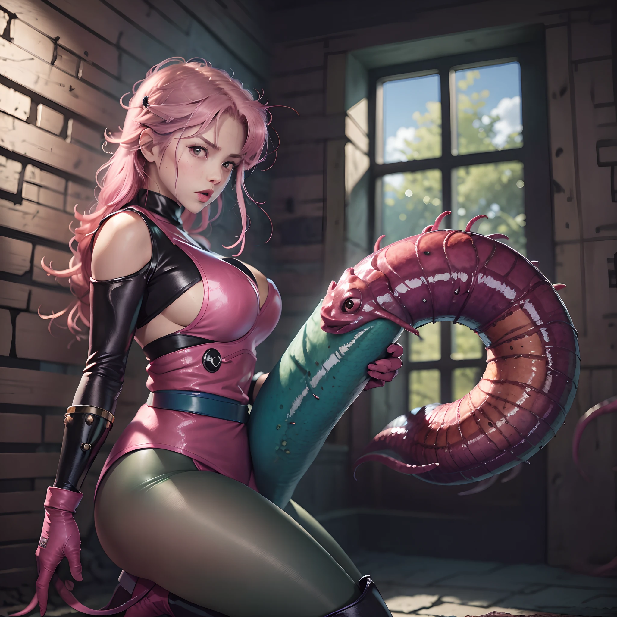 (masterpiece:1.1, Best Quality:1.1), hold fists, (Maam, Dragon quest), 1girl in, Solo, (ultra gigantic breasts:1.55, Pink hair, Fingerless gloves:1.15, Pink gloves:1.3, Pink Martial Arts Uniform:1.3, Exposed , long boots), (Fight with tentacle monsters:1.8, In a stone house:1.3),