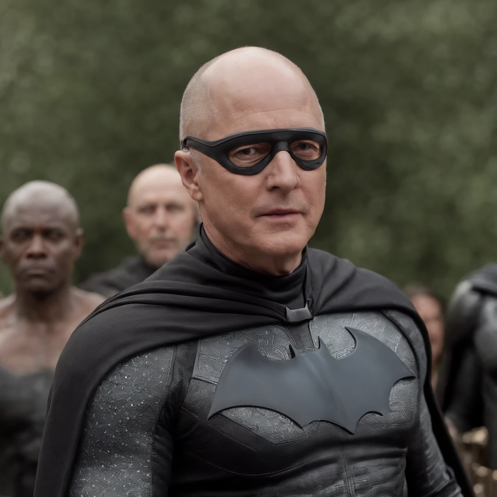 James Spader face, 63-year-old,2022, Oldman, bald, without hair, smiling face, muscle, wear a batman costume Take off your mask, (Full-body image.)