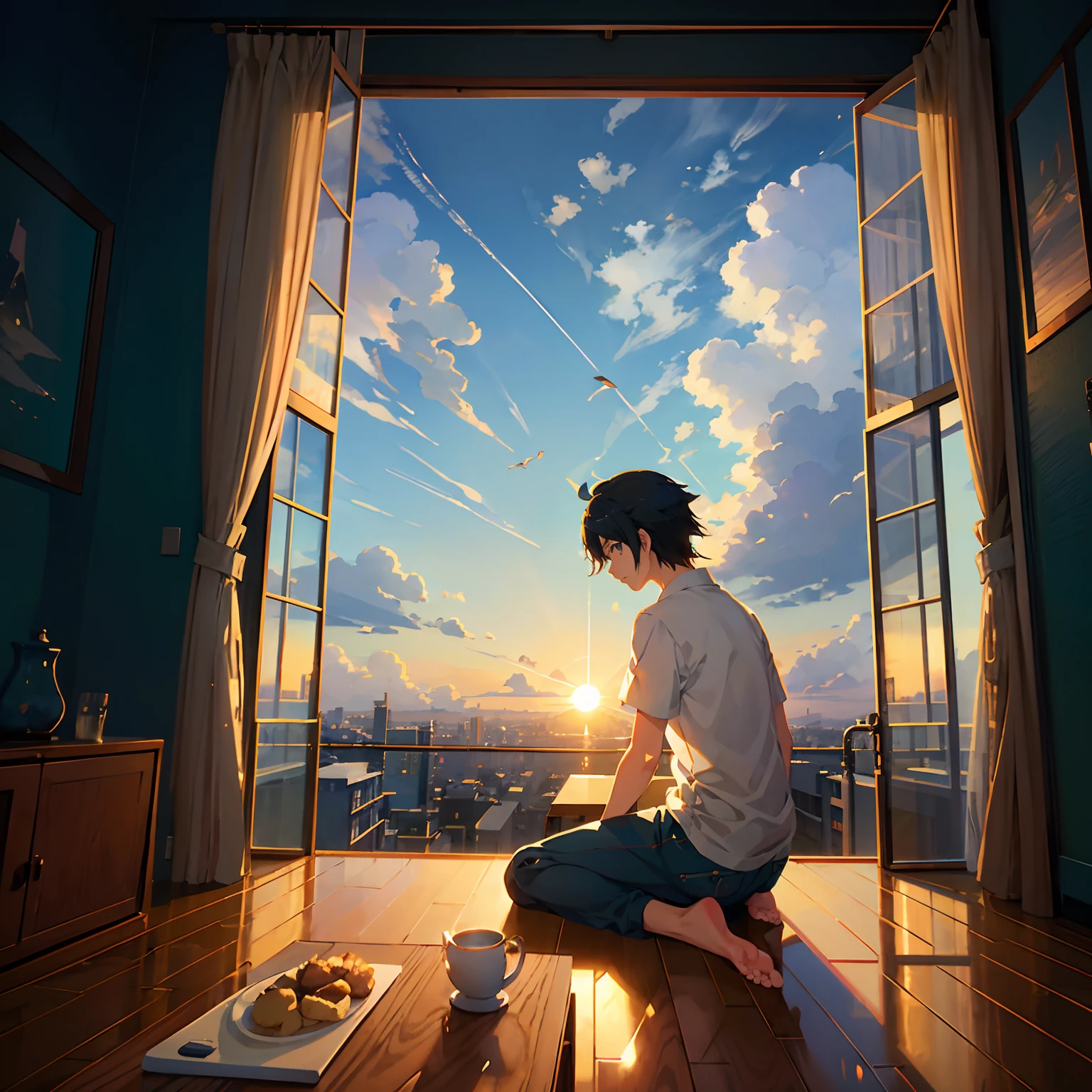 Anime boy sitting on windowsill，Cat watching sunset, Makoto Shinkai Cyril Rolando, watching the sunset. Anime, makoto shinkai art style, Makoto Shinkai. a digital rendering, Makoto Shinkai's style, in the style of makoto shinkai, Makoto Shinkai!, Makoto Shinkai!!  No kittens, no cigarettes