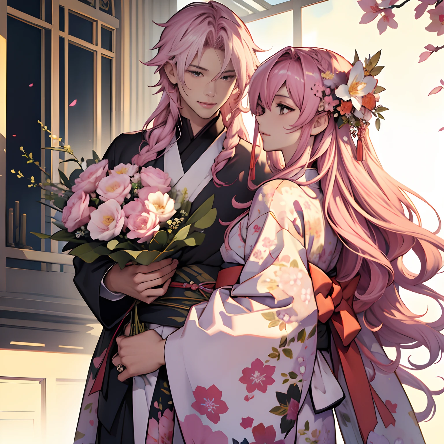 ((​masterpiece)),((top-quality))、Original Characters、A pink-haired 、Kimono、Floral hair ornament、Long hair holding a bouquet of flowers、Twin-tailed、Facing the front
