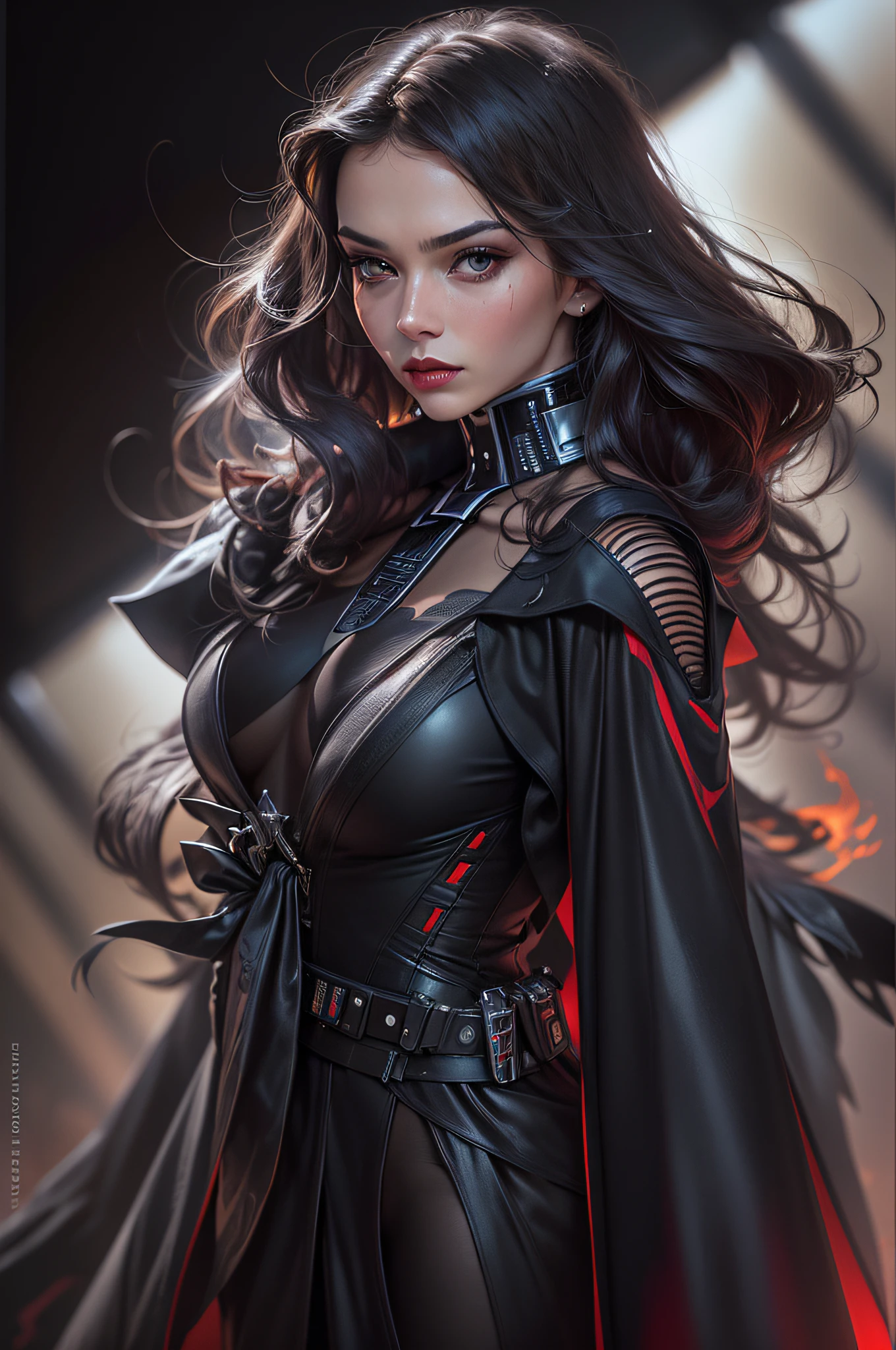 (best quality,4k,8k,highres,masterpiece:1.2),ultra-detailed,(realistic,photorealistic,photo-realistic:1.37),portrait,sci-fi,concept artists,Darth Vader, seductive,femme fatale,high fashion,black dress,red lipstick,fierce expression,flowing cape,dark background,laser sword,powerful presence,sleek aesthetics,high contrast lighting,smoky atmosphere,glamorous,A photograph