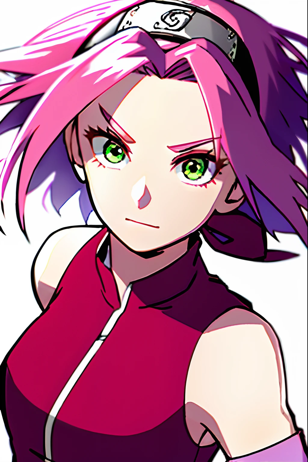 haruno sakura, naruto \(series\), naruto shippuuden, cherry blossoms, detailed background,

1girl, konohagakure symbol, bangs, breasts, closed mouth, elbow sleeve, eyes visible through hair, floating hair, forehead protector, foreshortening, green eyes, hair intakes, hairband, looking at viewer, parted bangs, pink hair, red shirt, shirt, short hair, sleeveless, sleeveless shirt, small breasts, solo, upper body, v-shaped eyebrows, white background, wind, portrait,
, ((masterpiece))