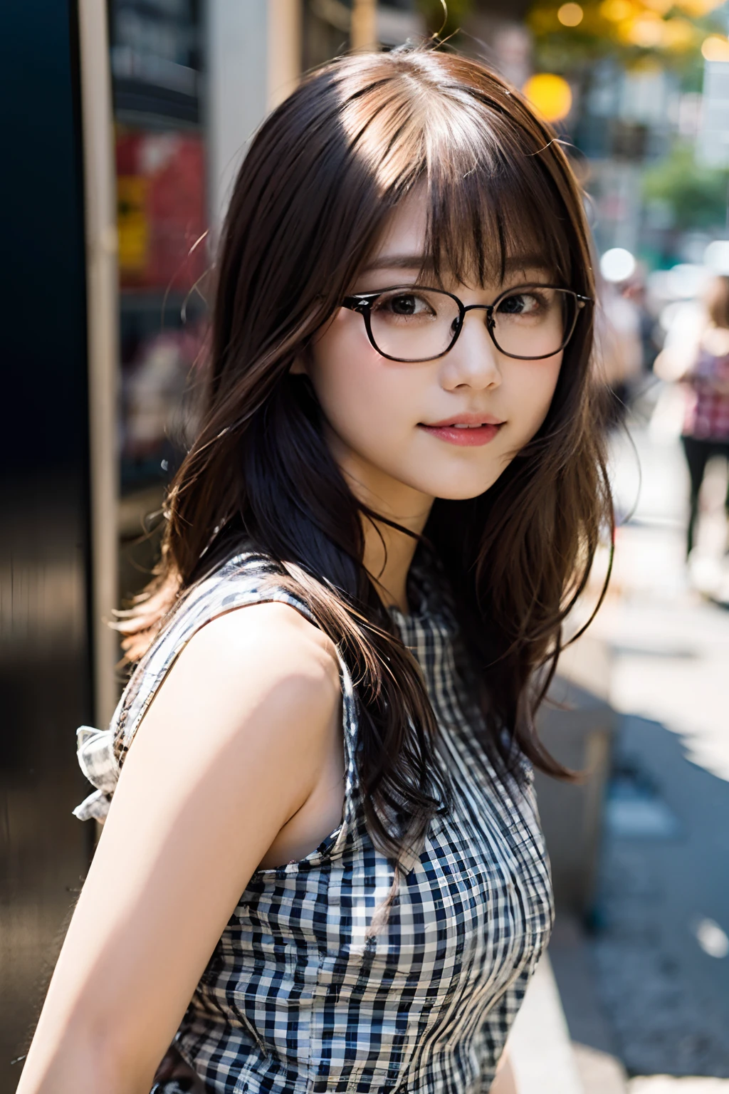 (8K、Raw photography、top-quality、masterpiece:1.2)、(realisitic、Photorealsitic:1.37)、ultra-detailliert、超A high resolution、女の子 1 人、29yo、see the beholder、beautifull detailed face、Smile、Constriction、(Slim waist) :1.3)、Beautiful detailed skin、Skin Texture、well-shaped breasts、Floating hair、(Gingham plaid clothing:1.4)、Professional Lighting、Autumn afternoon、In the street、(((Black square glasses )))、the whole、brown haired、((Shameful appearance))、