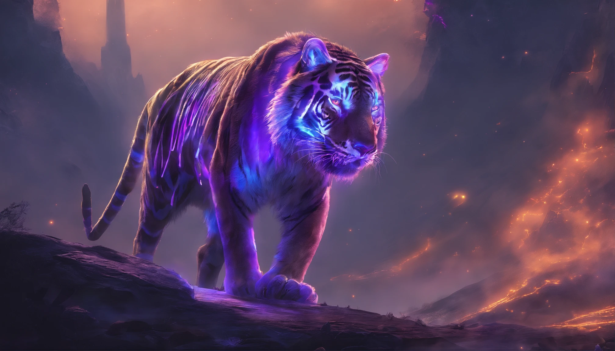 Fantasy World Saber-toothed Tiger,Emits blue-violet light,Glow effects,the night,中景 the scene is,Full body like, highly detailed surreal vfx,oc rendered,Shoot with 70 mm - AR