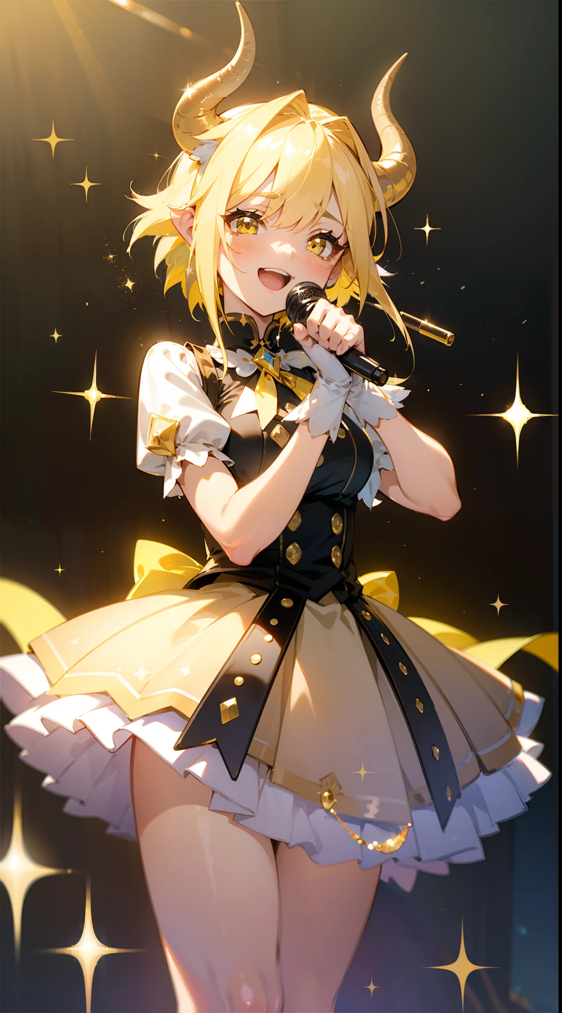 masterpiece, High resolution, 8K, anime girl,Short hair,Shiny hair,a very beautiful girl,High image quality, High quality、Detailed background、(((Wearing idol clothes)))、((Glittering live stage backdrop))、The inside of the eye shines like a diamond、Light yellow hair、Gradient pupil,Detailed female face,Soft Focus , Bright gradient watercolor , Lens Flare , (((Glitter))),(((Holding a glitter microphone in your hand)))、Idol、Yellow Ribbon、Very beautiful yellow rose hair accessories、Yellow and gold costume with white as the main color、((POV))、Glitter Cat Ear Headband、((PAW Pose)、lively girl、Laughing with open mouth,yellow eyes,horns,audience in the background