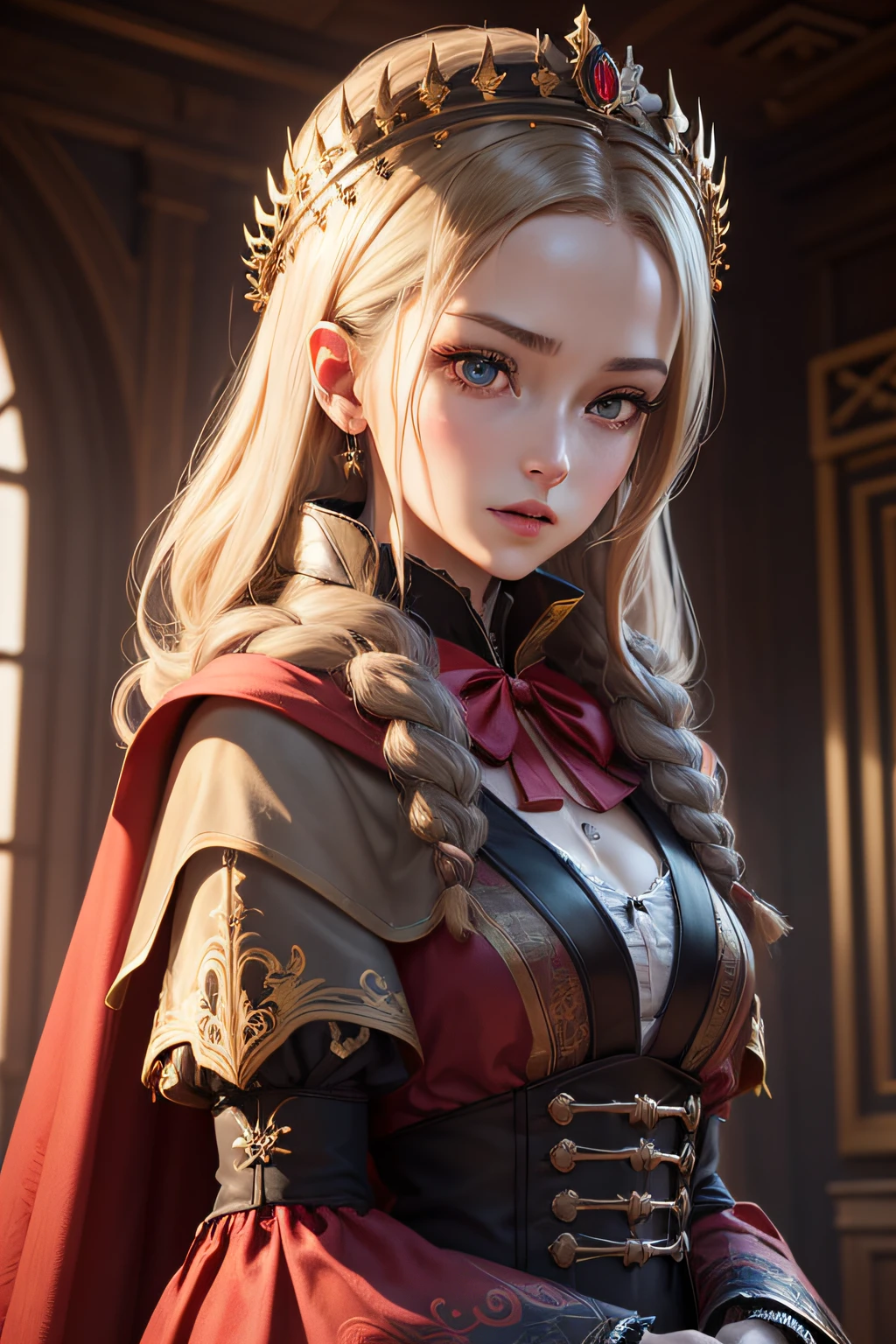desinner japonais, animated, Masterpiece, Best quality, Portrait de 1fille, vampire, longues canines, femelle, Hair is made up of countless small snakes, Yeux bleus, female face, Metal carved top, King's Momentum, tendances sur ArtStation, mise au point nette, Photos du studio, Intricate details, Very detailed, detailled eyes, illustration, Very detailed, Objectif clair, digital render, professionnel, 3D, goutes de sang au tour de ses levres, Red cape inside, gilded on the outside,